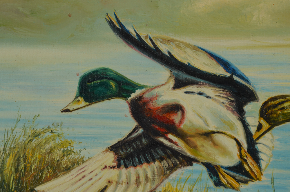 Signed Oil Painting on Canvas of Ducks in Flight EBTH