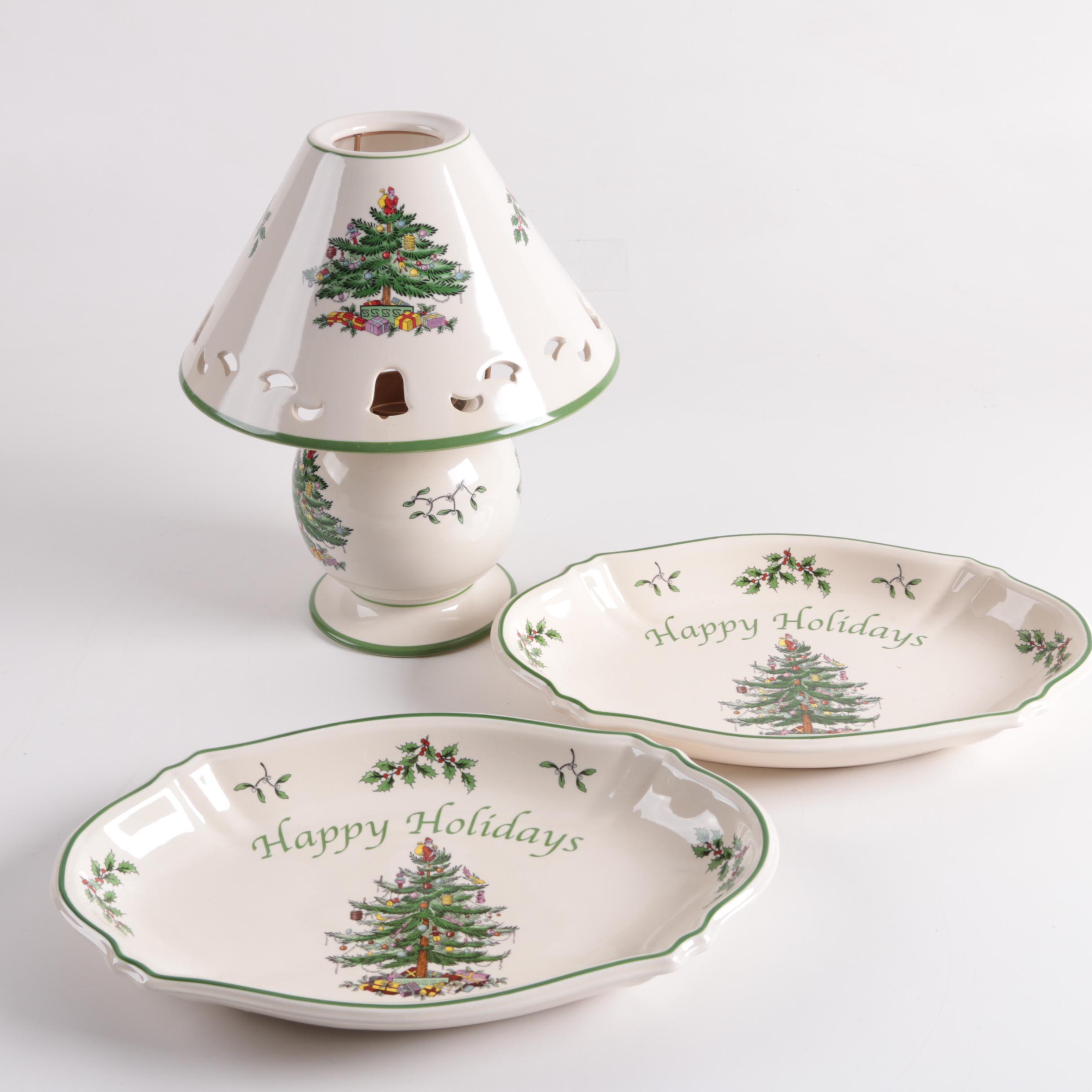 Spode Christmas Tree Trays And Candle Votive Ebth