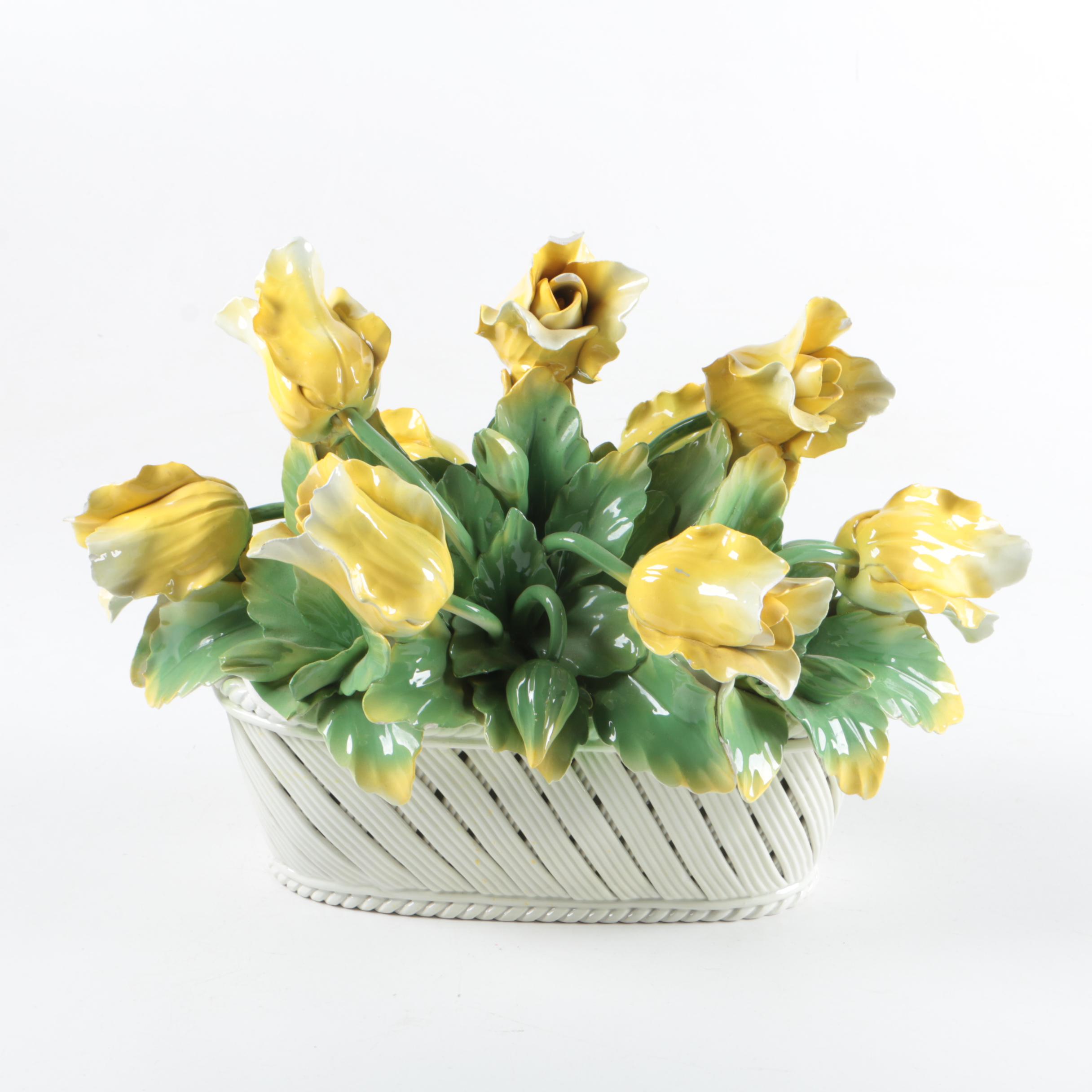 Hand Painted Italian Ceramic Flower Basket EBTH