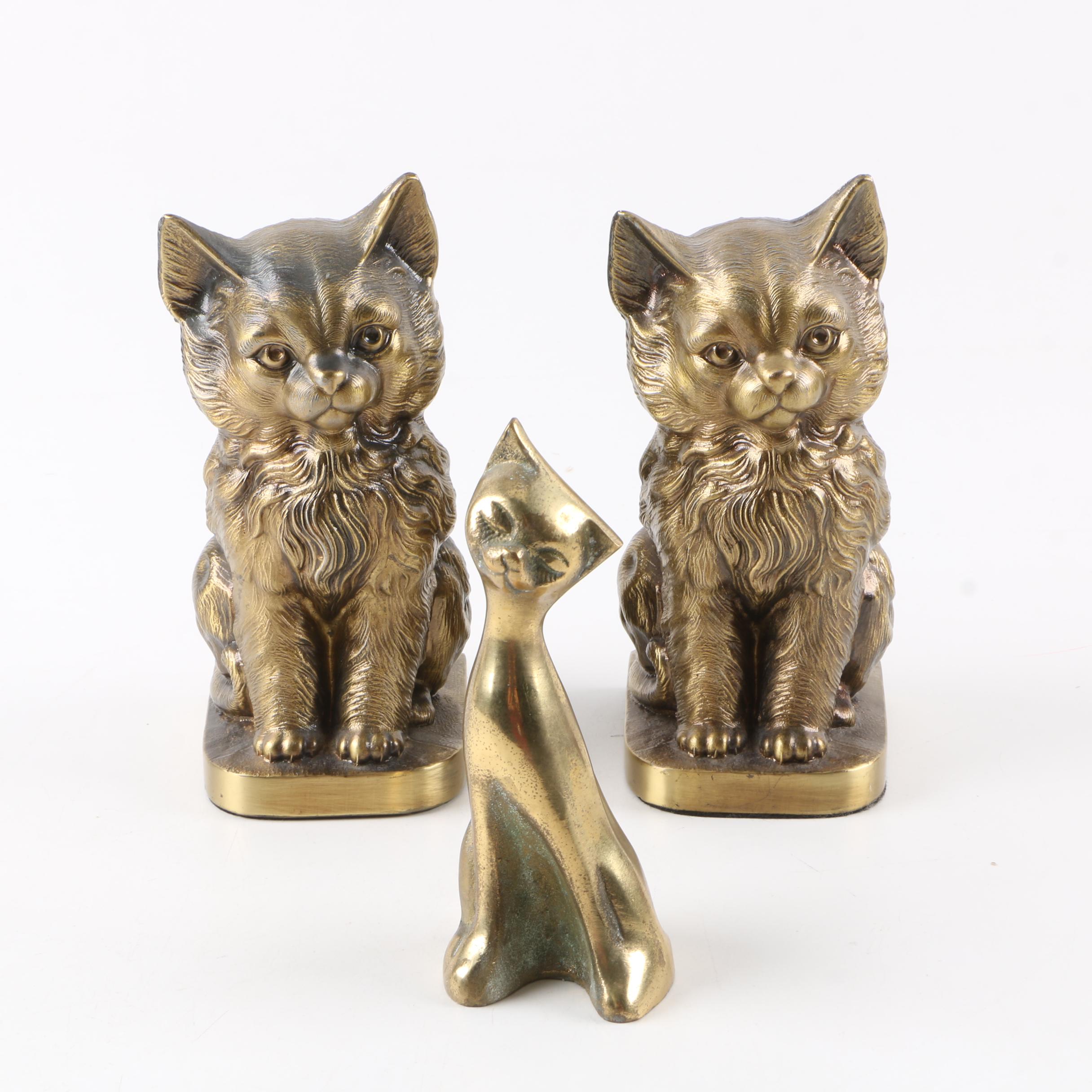 Brass Cat Bookends and Figurine EBTH