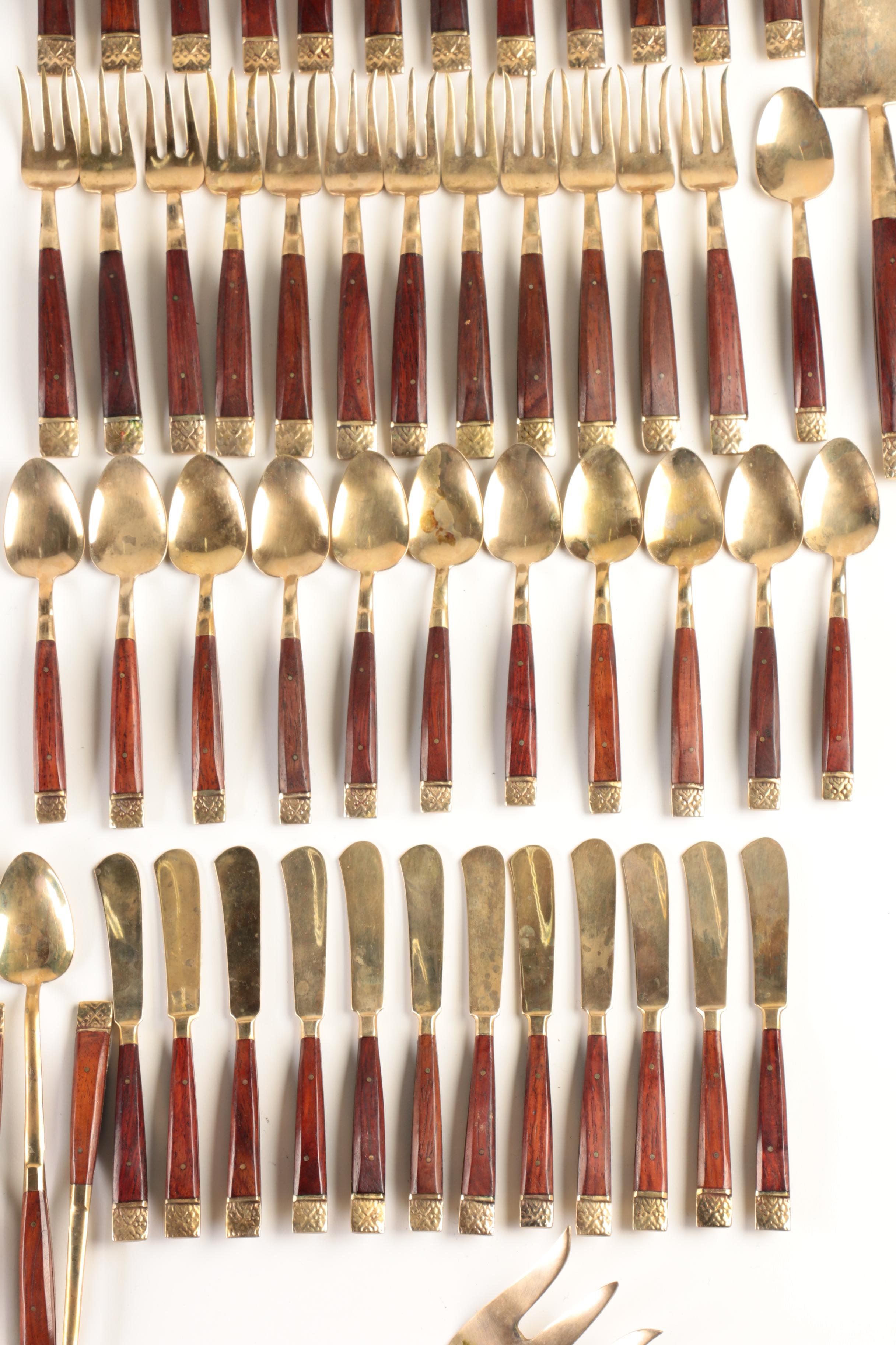 Thai Rosewood and Bronze Nickel Alloy Flatware Set EBTH