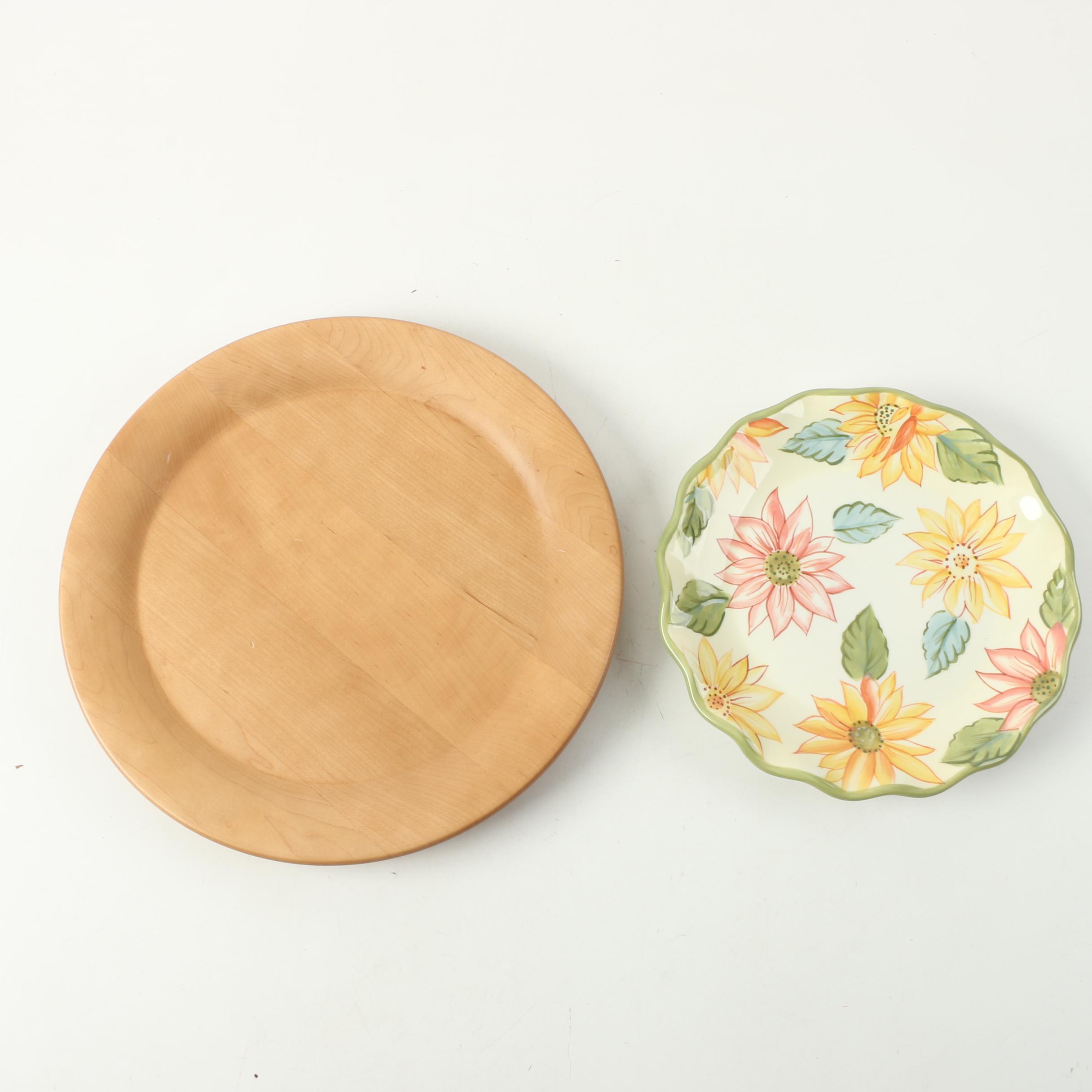 Longaberger Wooden Platter and "Heritage" Utensils with "Sunflower