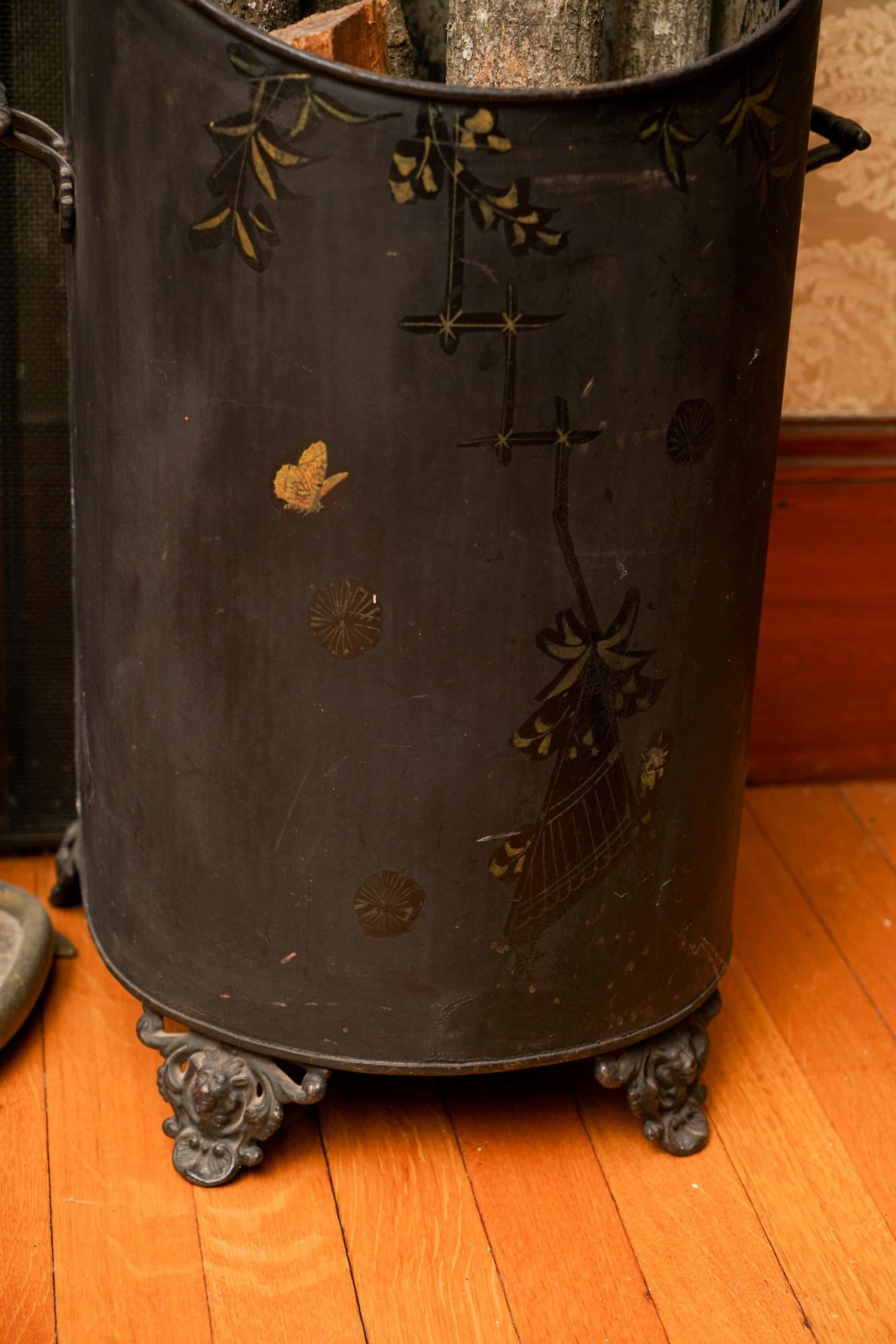 Brass Fireplace Tools with Folding Screen and Wood Box EBTH