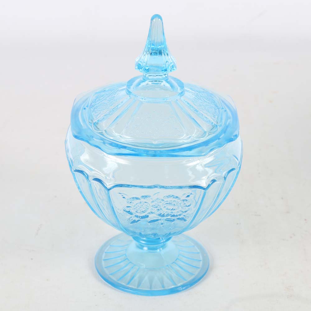Anchor Hocking "Mayfair Blue" Depression Glass Pitcher and Candy Dish