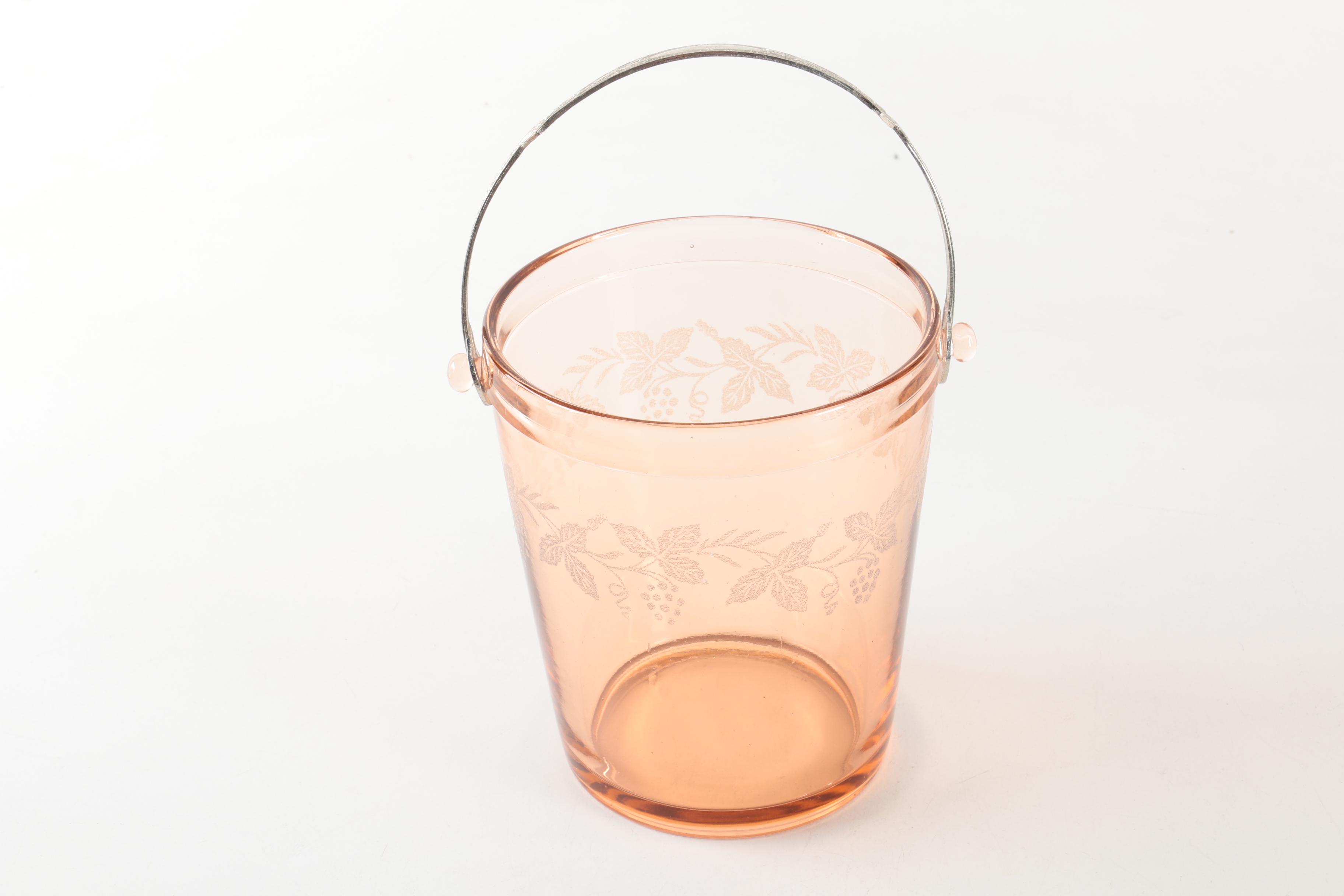 Vintage Etched Pink Glass Ice Bucket and Console Dish EBTH