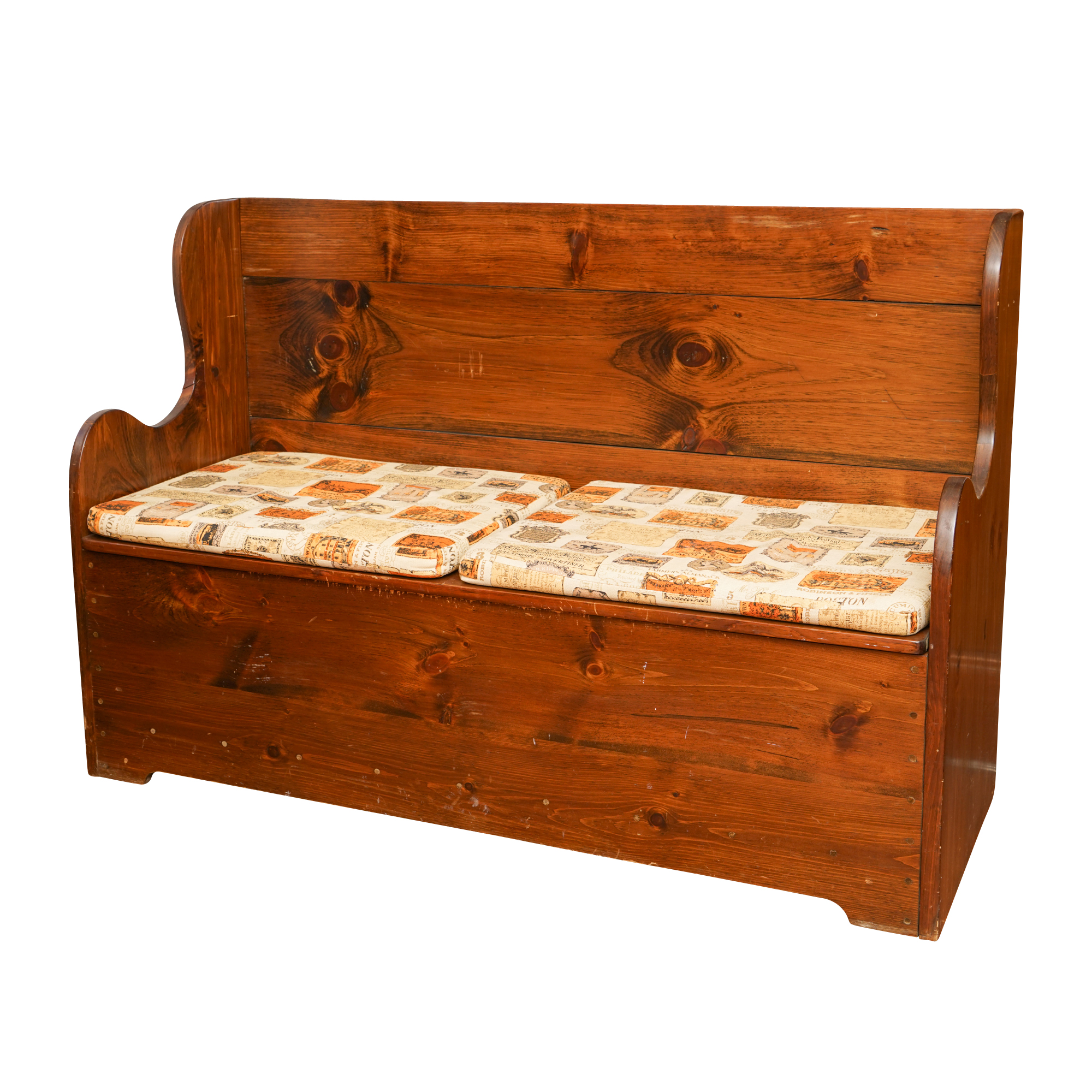 Vintage Stained Pine Highback Bench with Storage EBTH