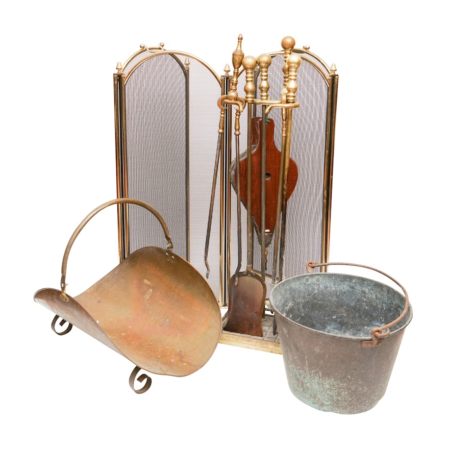 Vintage Brass Fireplace Tool Set Log Holder And Fireplace Screen