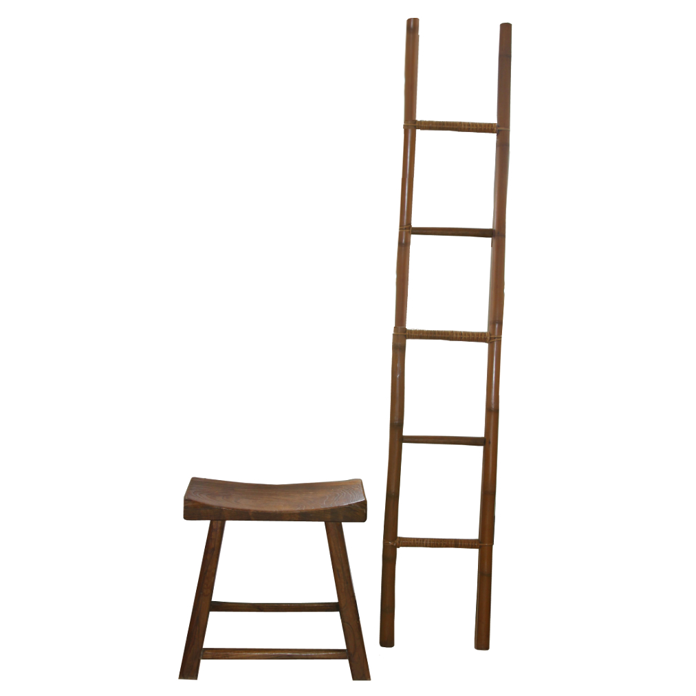 Vintage Saddle Bench And Decorative Bamboo Ladder Ebth