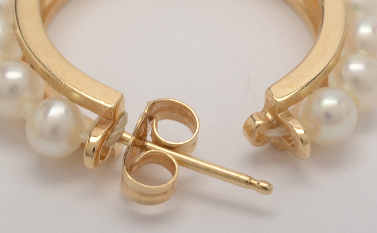 14K Yellow Gold Cultured Pearl Hoop Earrings | EBTH