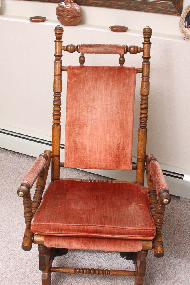Antique Victorian Eastlake Upholstered Oak Platform Rocking Chair EBTH