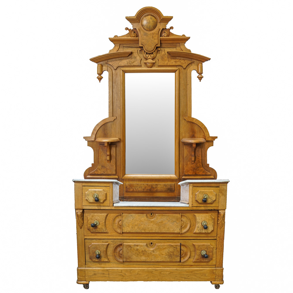 Antique Eastlake Oak And Burl Wood Dresser With Marble Top Ebth