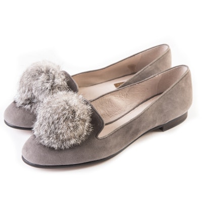 Louise et Cie "Andres" Rabbit Fur Pompom Leather Loafers Trimmed in Grosgrain Louise et Cie "Andres" Rabbit Fur Pompom Leather Loafers Trimmed in Grosgrain