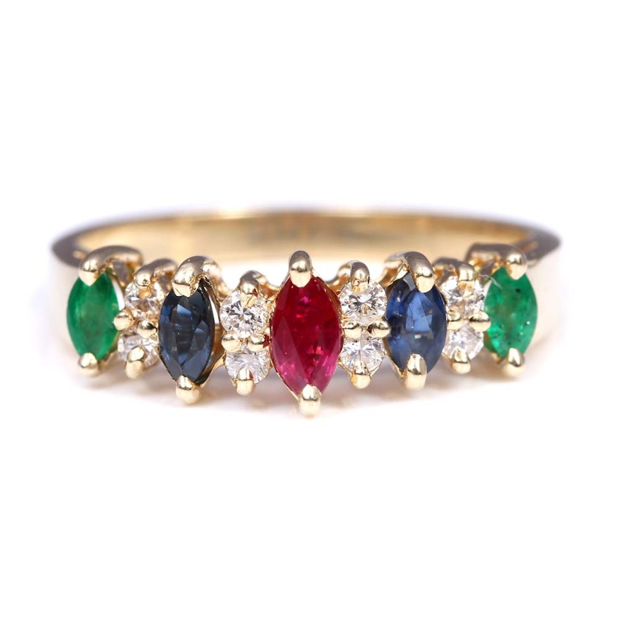 14K Yellow Gold Emerald, Ruby, Sapphire, Diamond Ring | EBTH