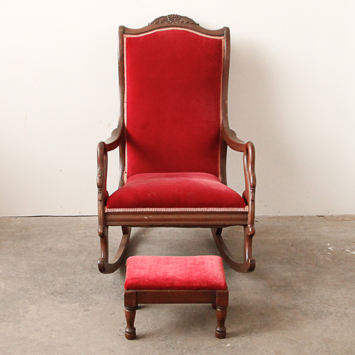 Red Upholstered Gooseneck Rocking Chair and Footstool EBTH