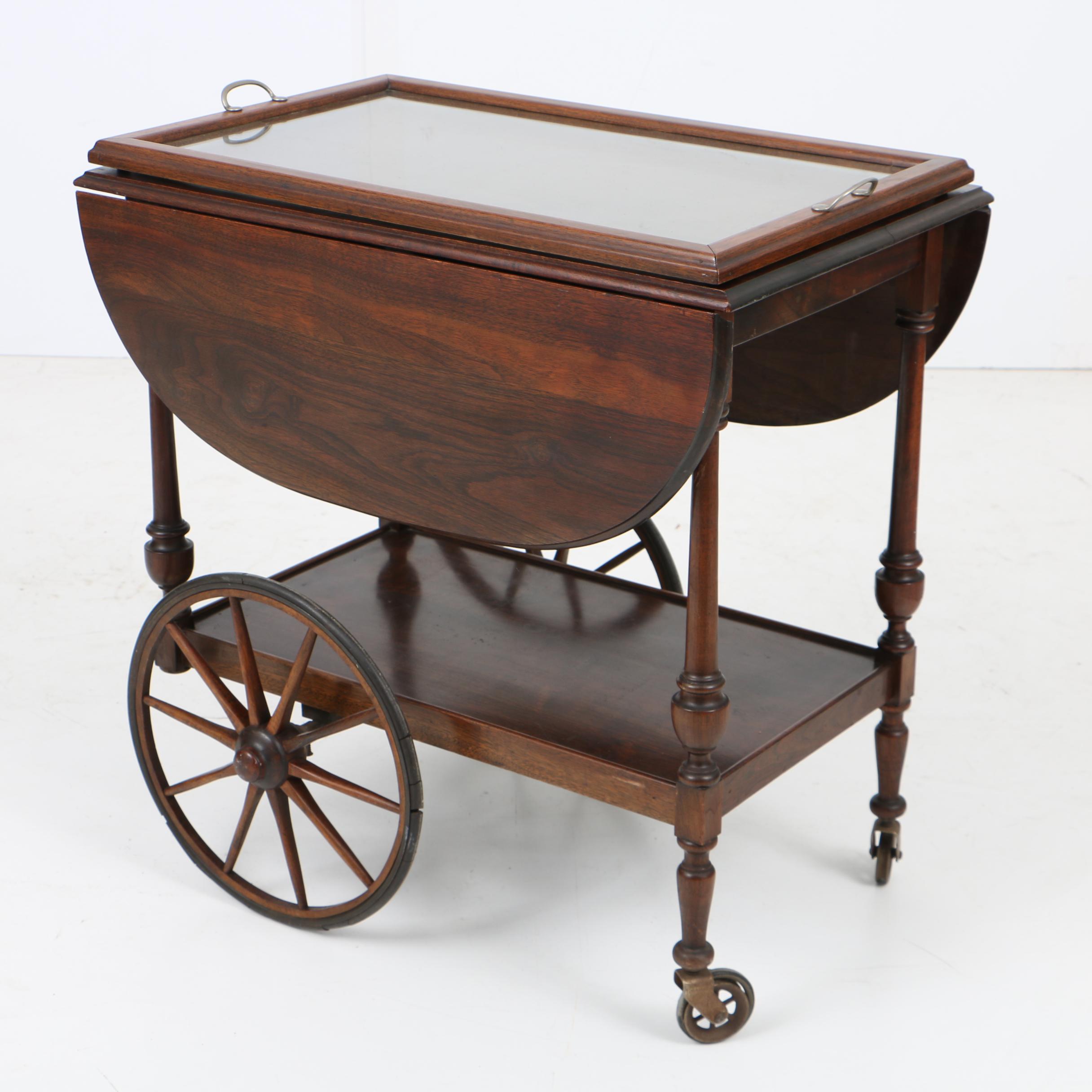 Vintage Walnut Tea Cart with Glass Serving Tray EBTH