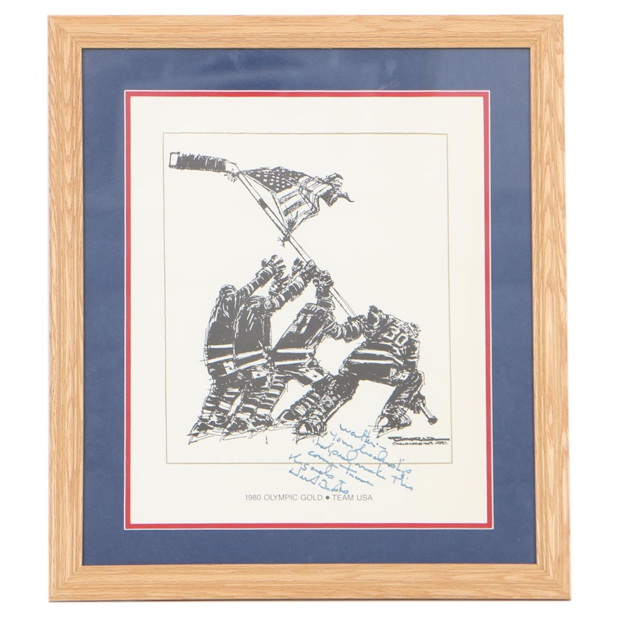 Herb Brooks Signed Print After Paul Conrad's Illustration of U.S. Hockey Team