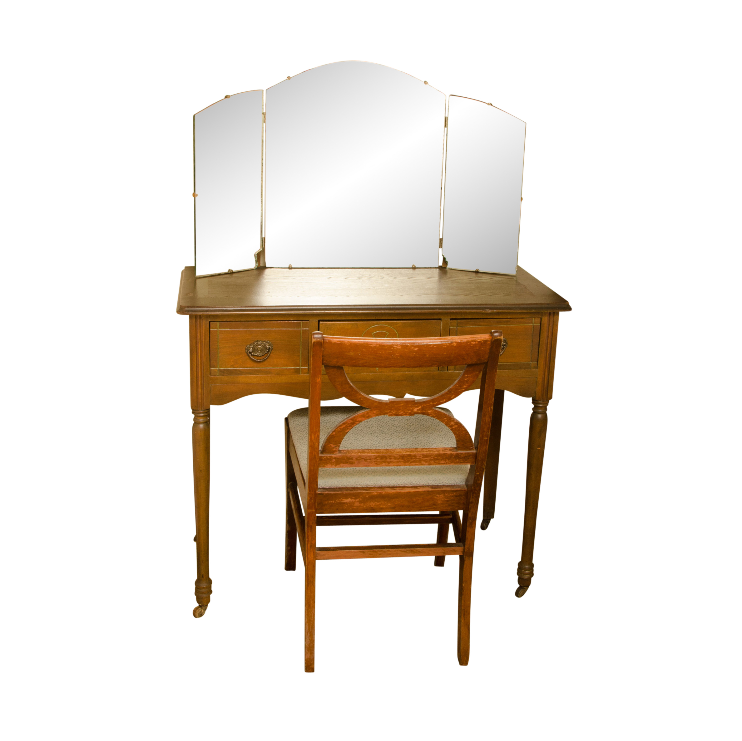 Vintage Vanity Desk With Tri Fold Mirror And Chair