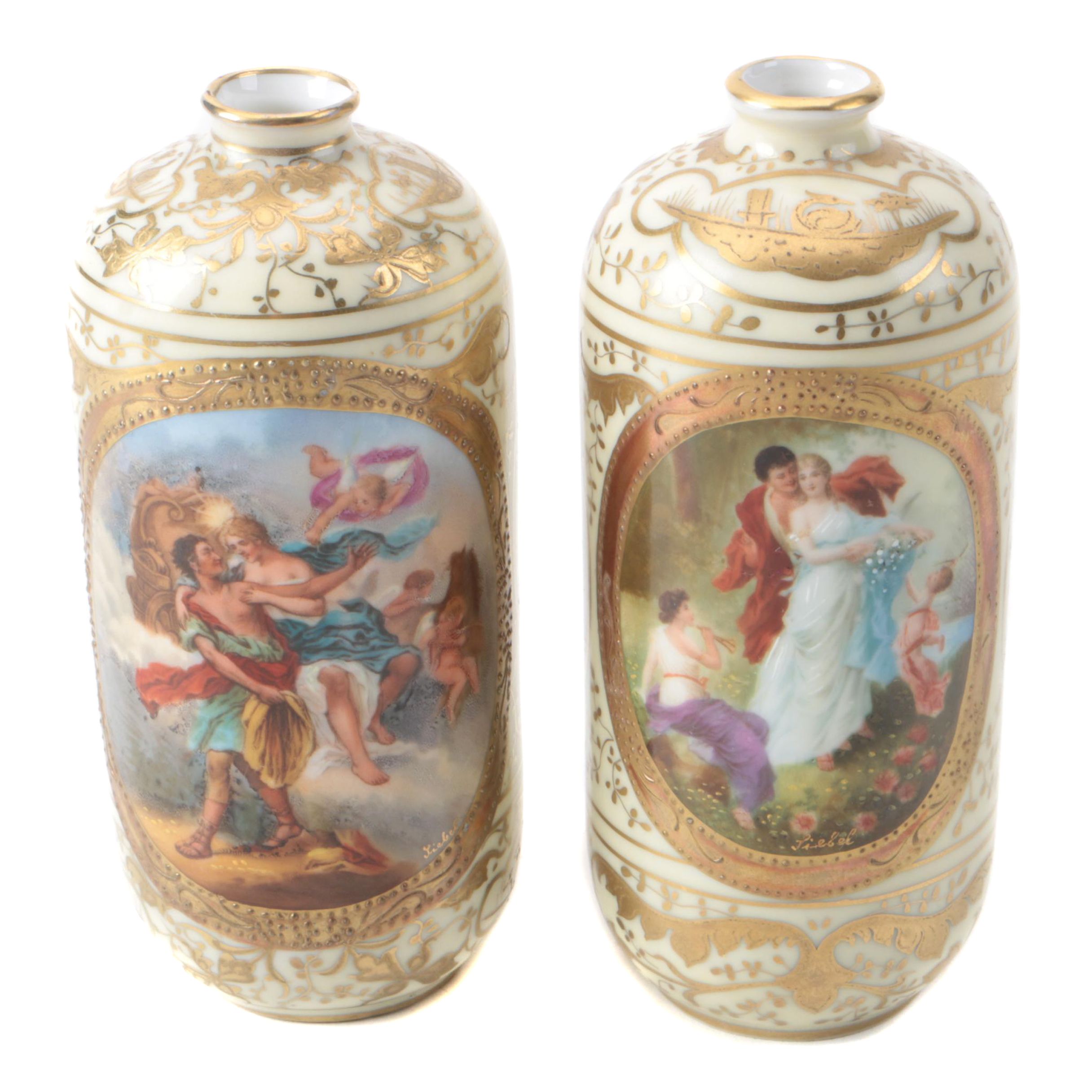 Vintage Austrian Hand Painted Gilt Porcelain Bud Vases Ebth