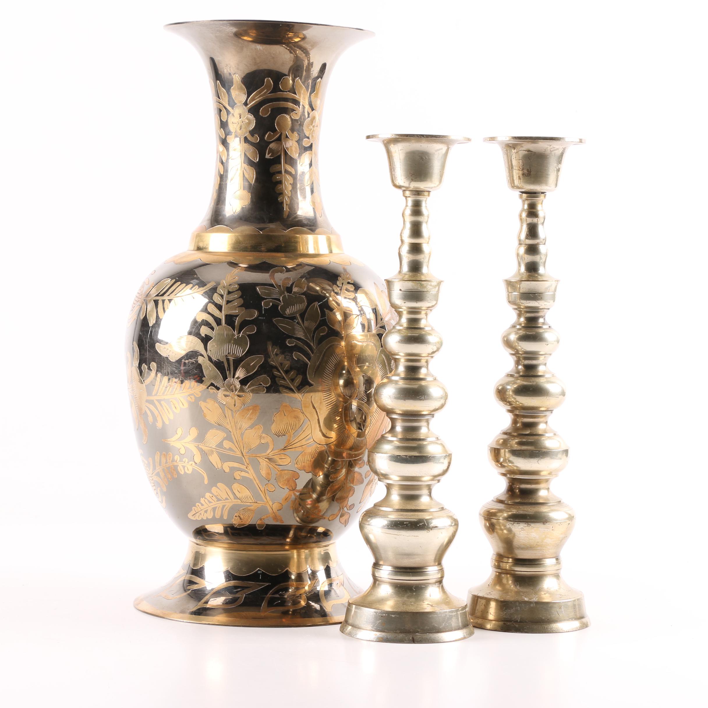 Indian Brass Vase And Japanese Brass Candlesticks Ebth
