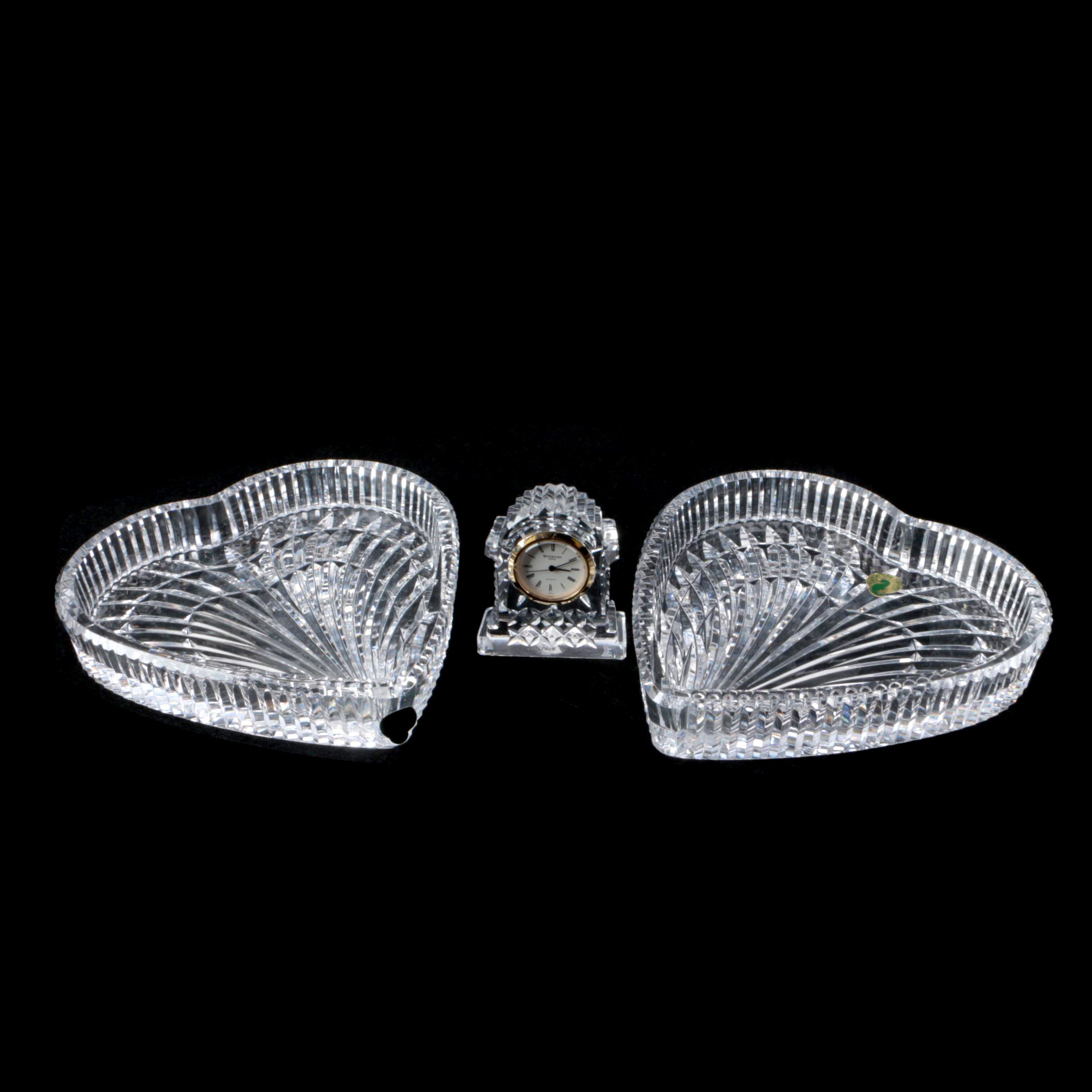 Waterford Crystal Gold Rimmed Carriage Clock and Heart Dishes EBTH