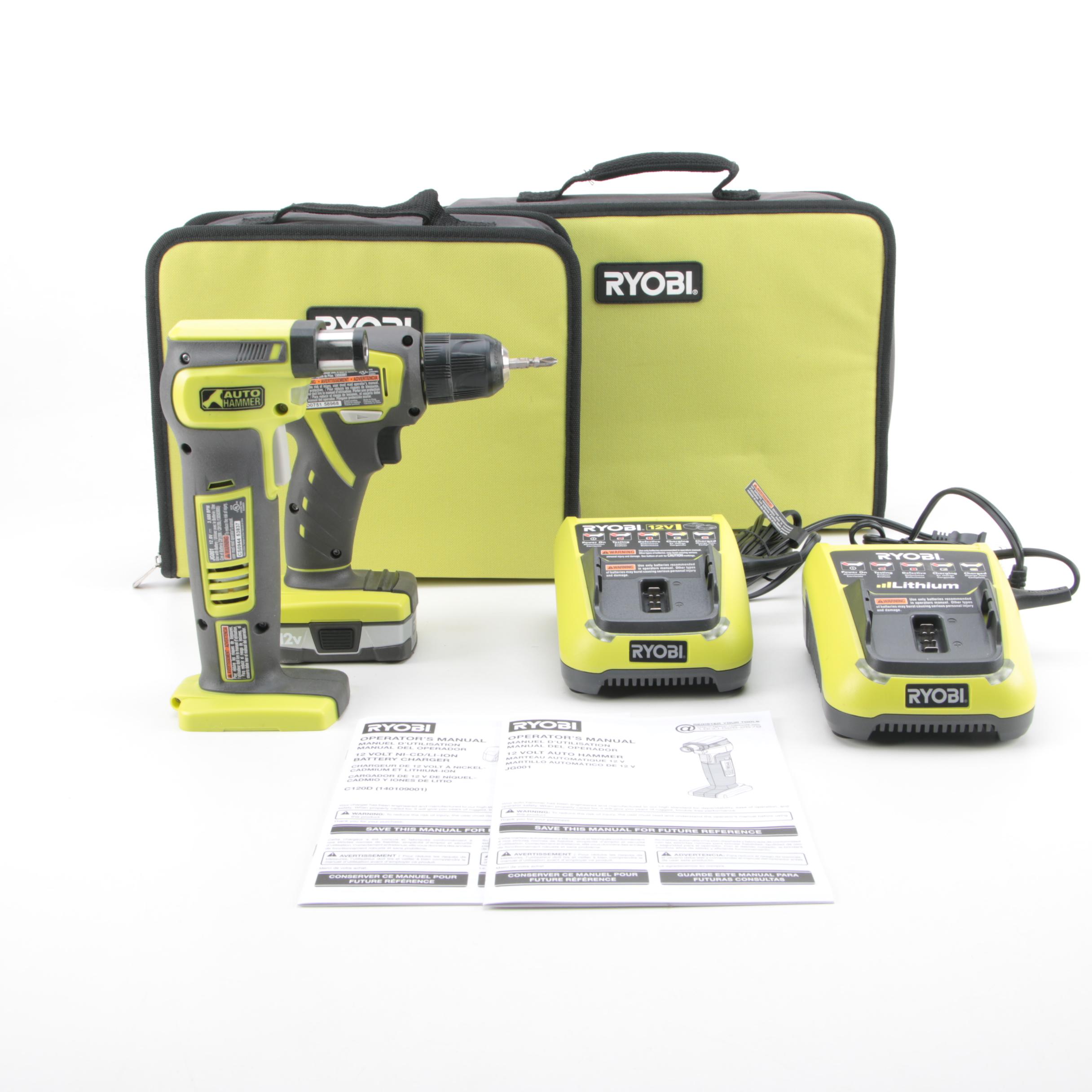 Ryobi Cordless Drill and Auto Hammer with Lithium Batteries and Carrying Cases EBTH