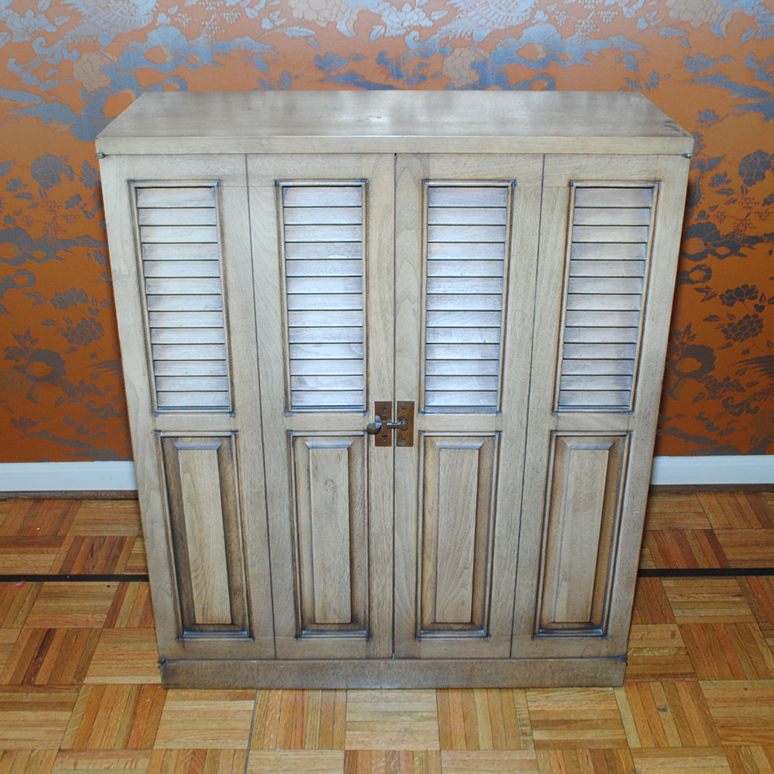 Vintage Wood Storage Cabinet With Louvered Doors Ebth