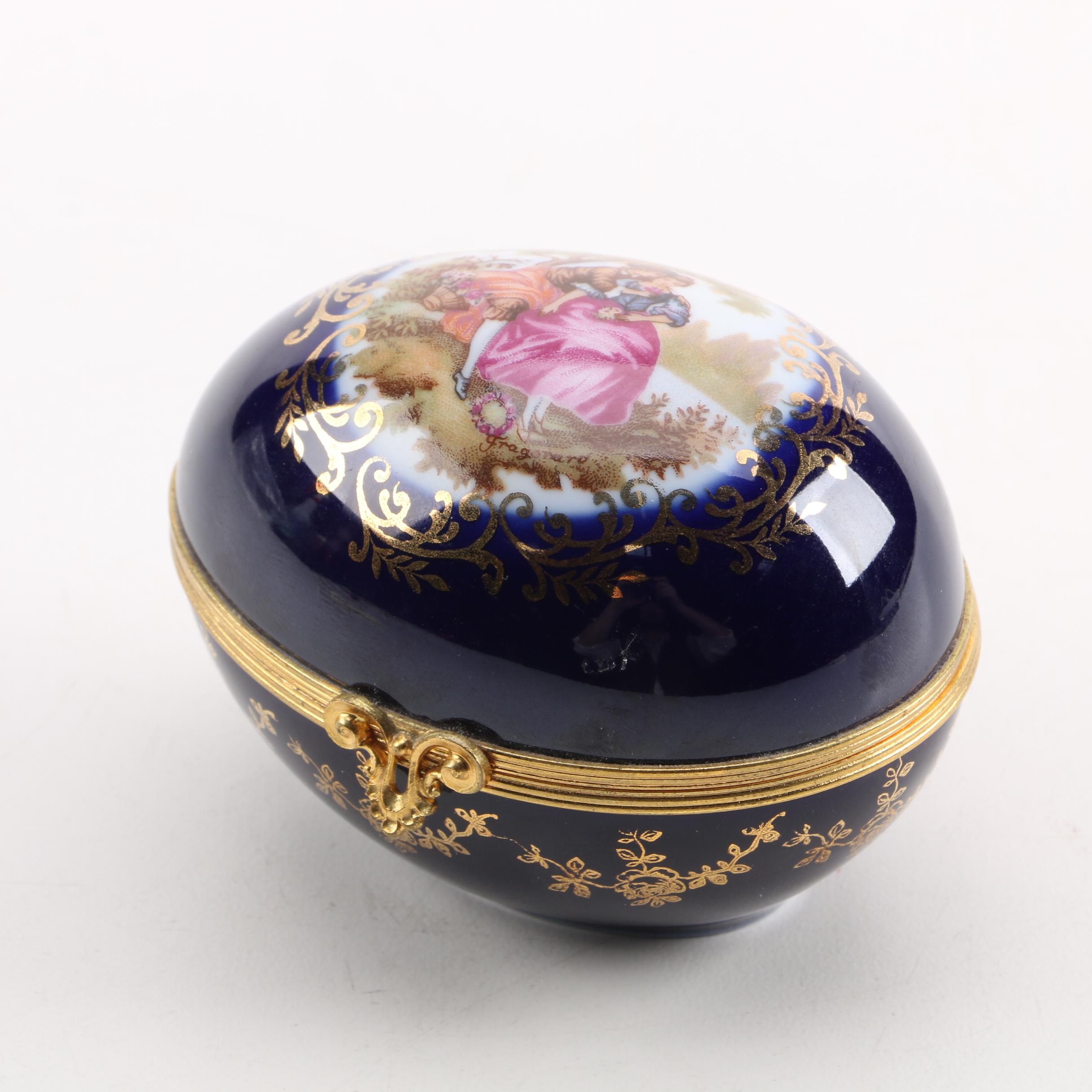 Limoges Dark Blue Glazed Porcelain Egg Trinket Box EBTH
