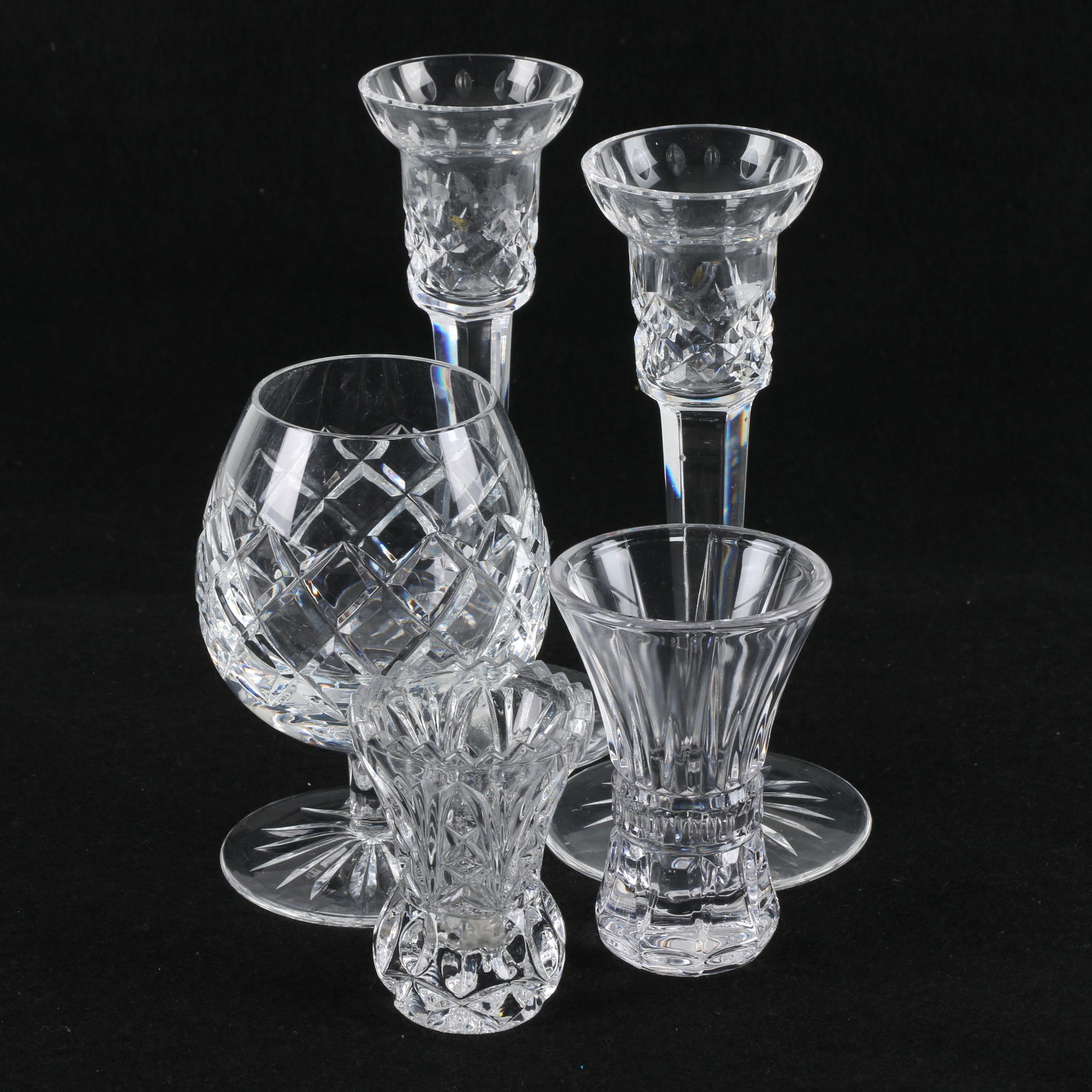 Galway Crystal Brandy Snifter, Waterford Crystal Candlesticks, and