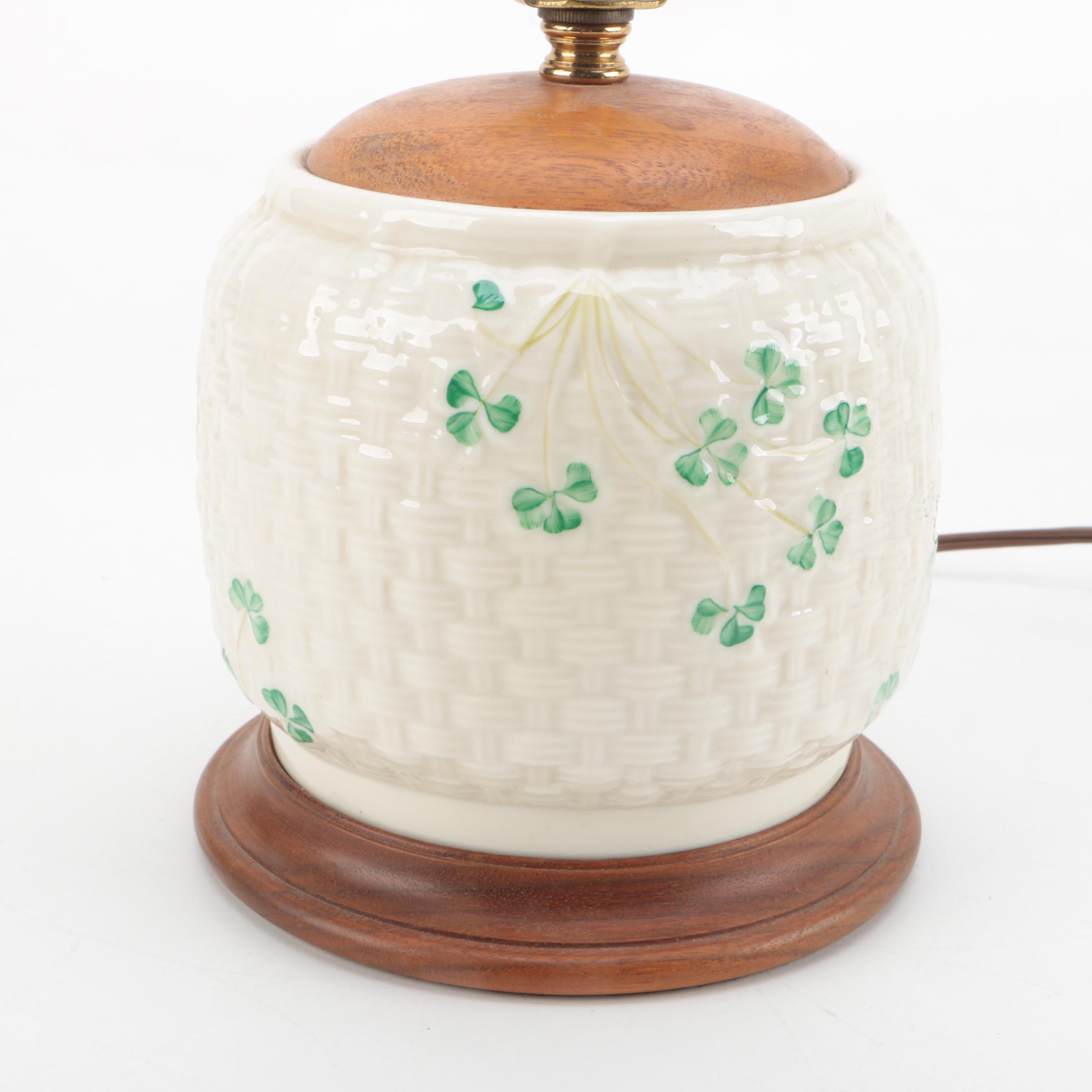 Belleek Pottery "Shamrock" Basketweave Biscuit Jar Lamp EBTH
