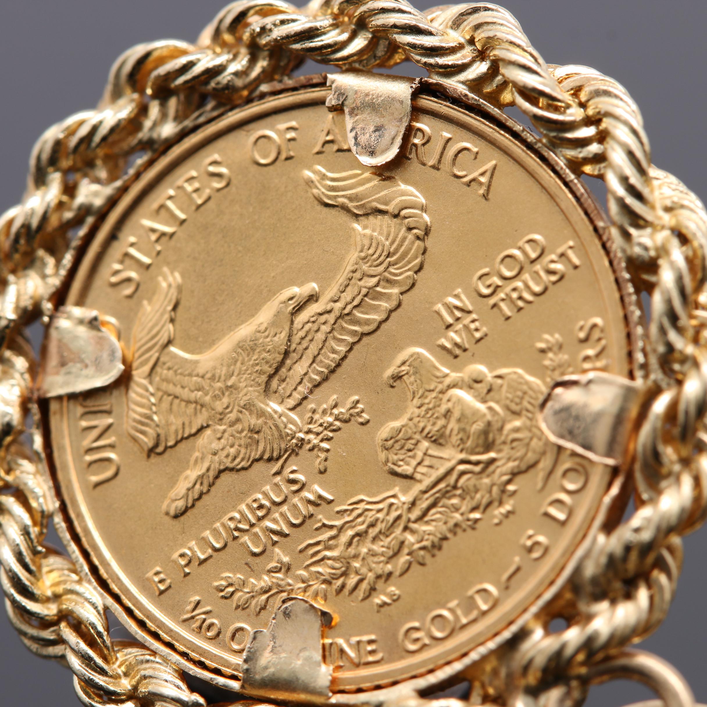 14K Yellow Gold Necklace and Pendant with 1989 5 American Eagle Gold