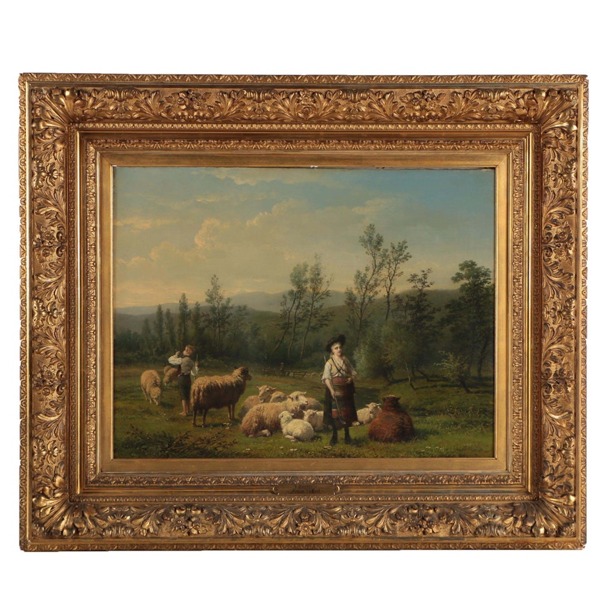Frans LeBret and Jan Portielje Oil Painting of Pastoral Scene