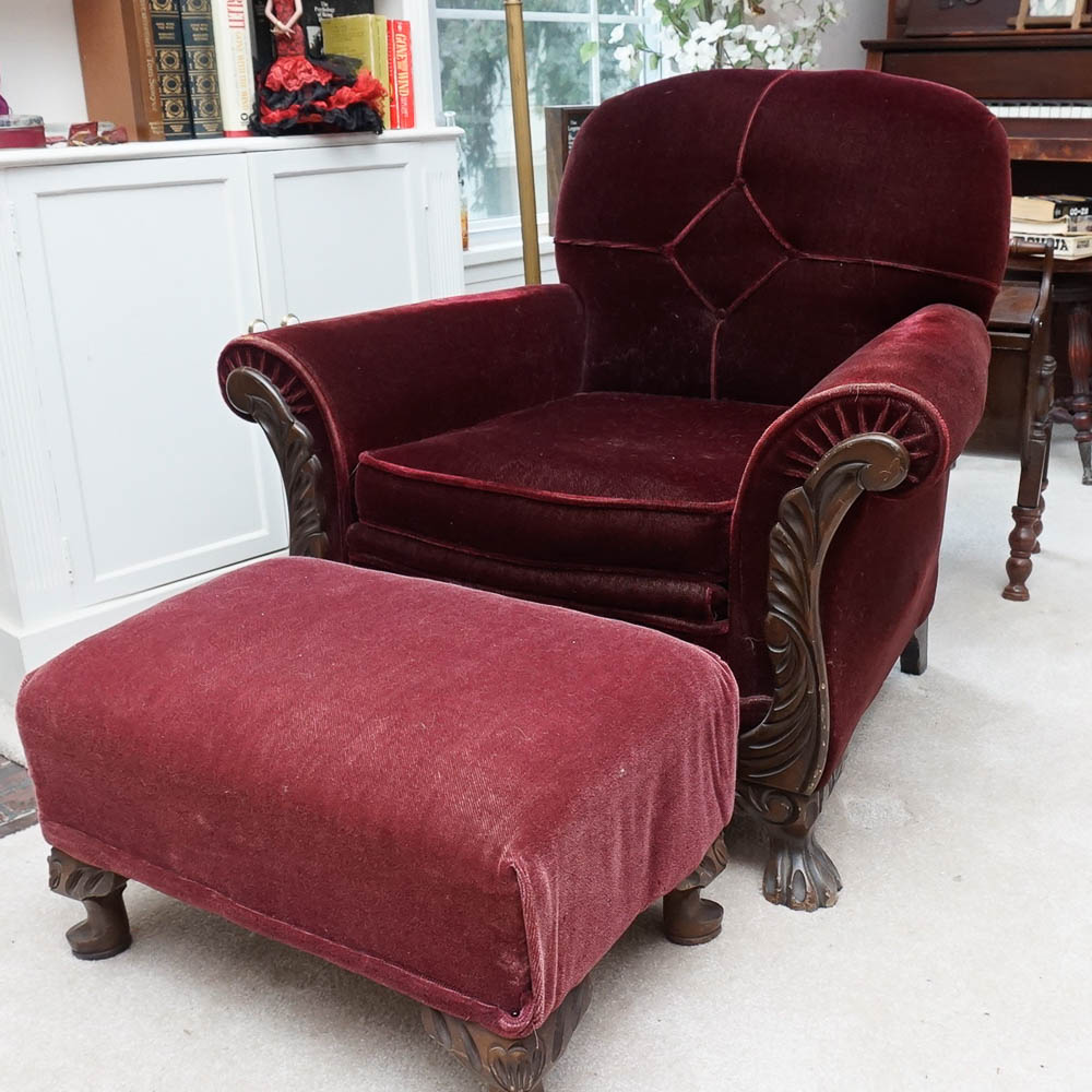 Burgundy Velvet Armchair With Ottoman | EBTH