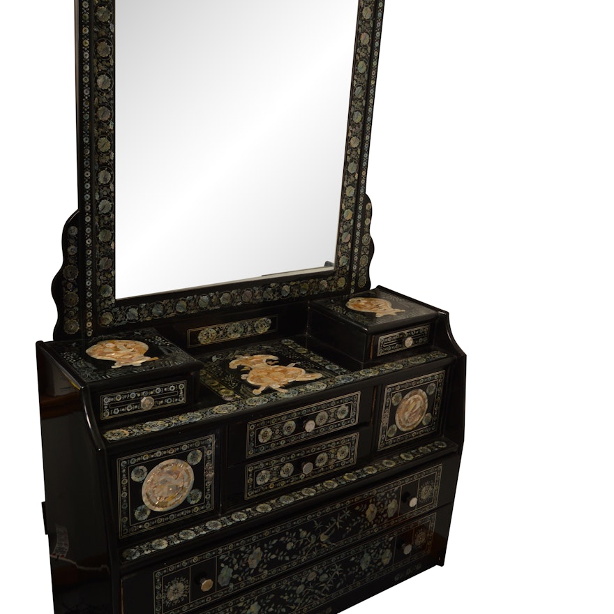 Vintage Chinese Lacquered Dresser With Abalone And Mother Of Pearl