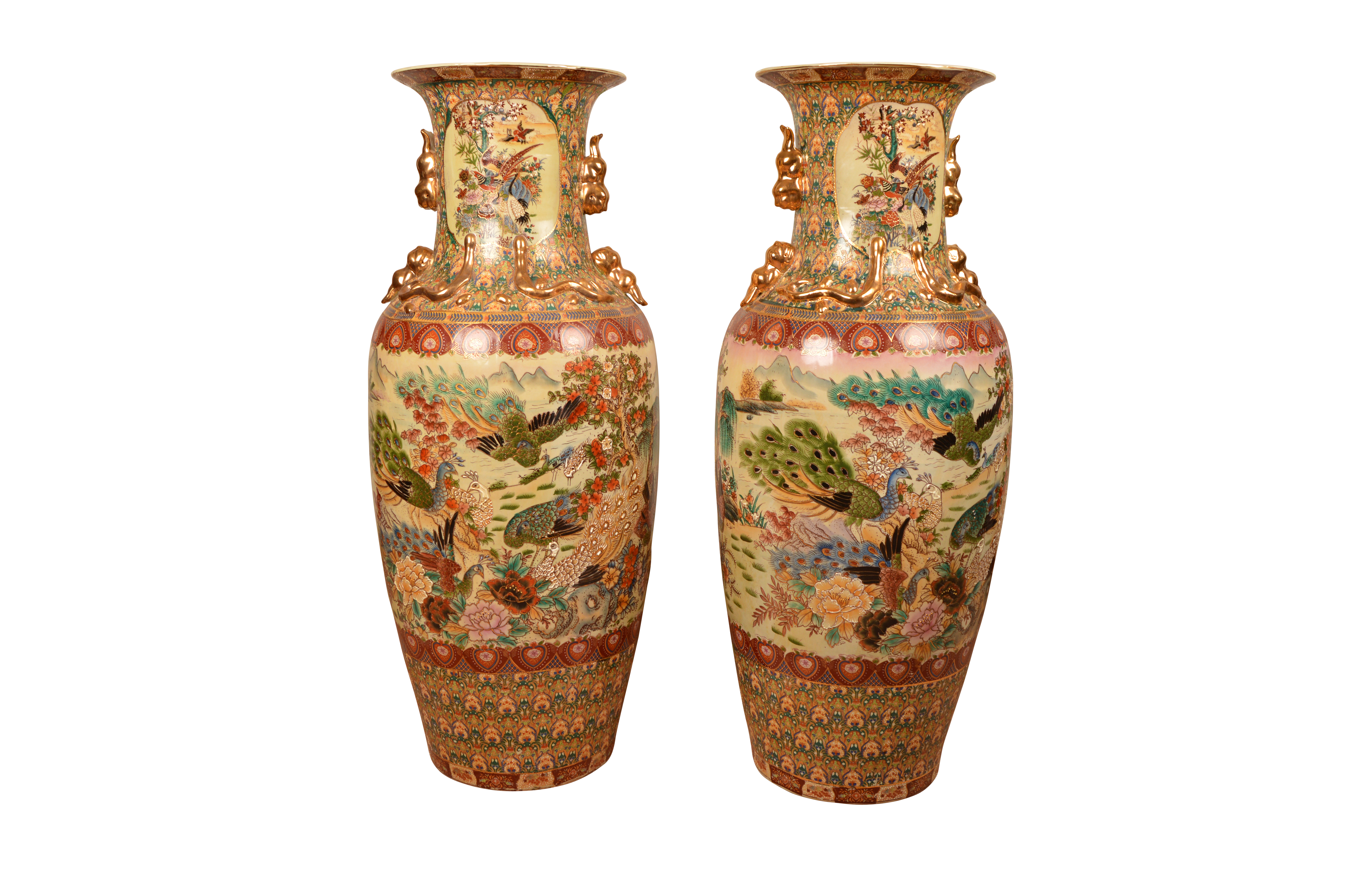 Chinese Ceramic Floor Vases With Peacock And Pheasant Designs Ebth