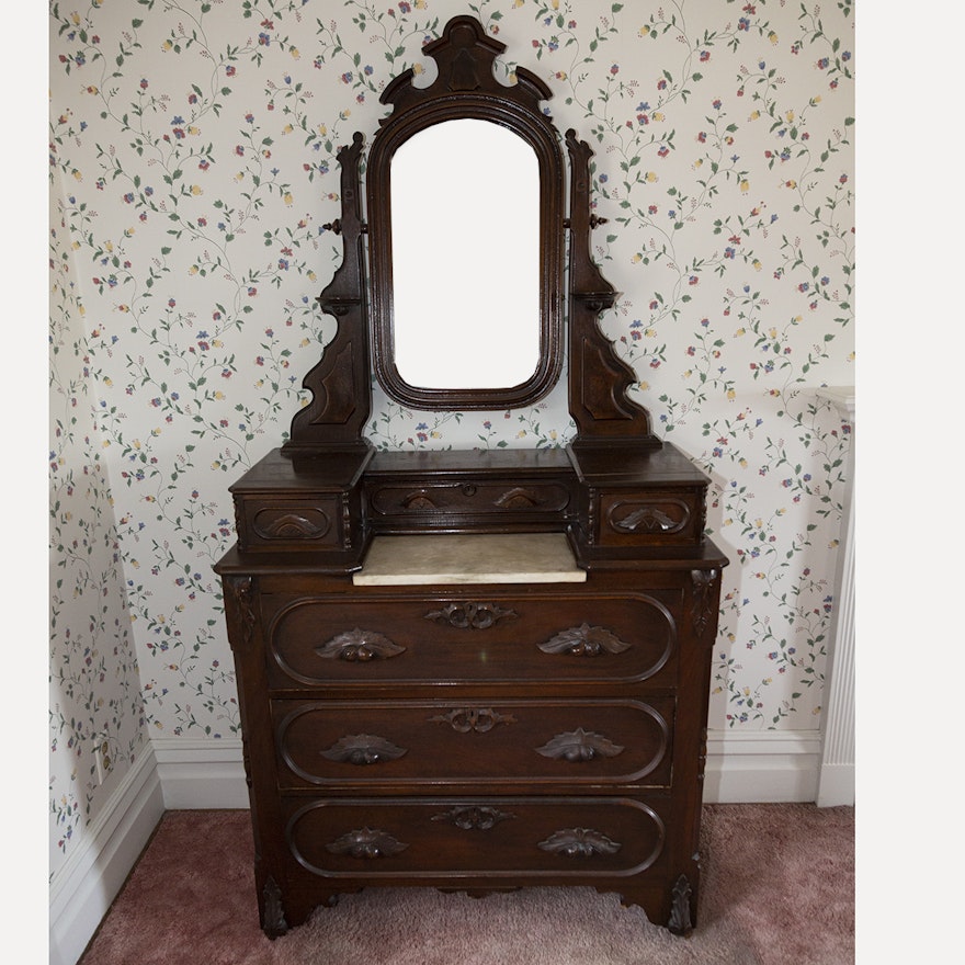 Antique Victorian Marble Top Walnut Dresser And Mirror Ebth
