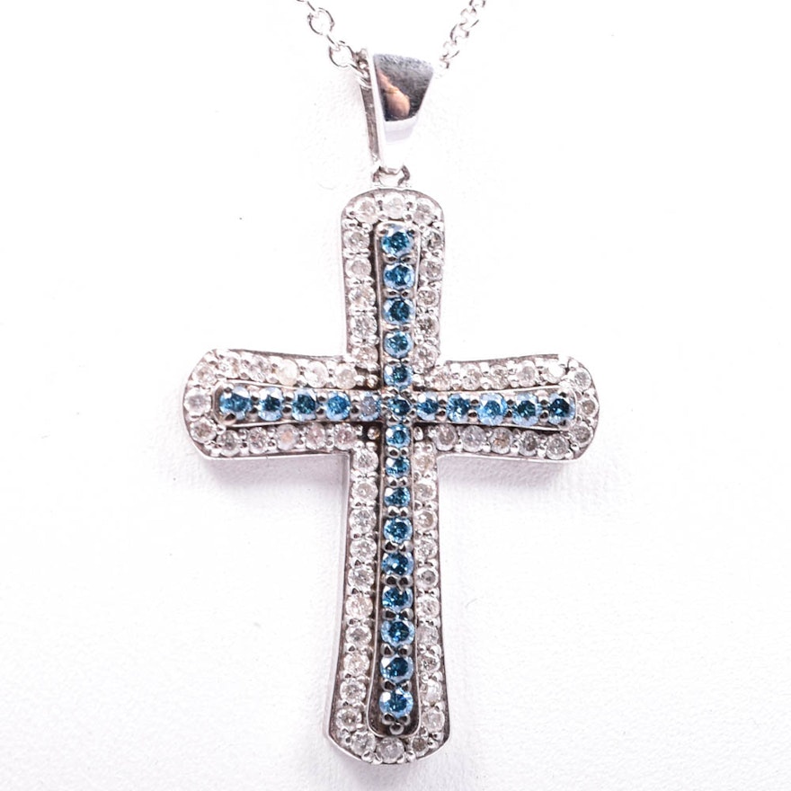 Sterling Silver 1.10 CTW Diamond and Blue Diamond Cross Pendant