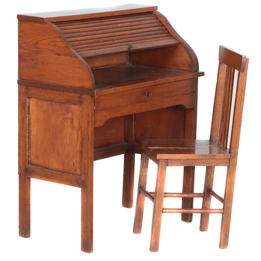 Children S Vintage Oak Roll Top Desk And Chair Ebth