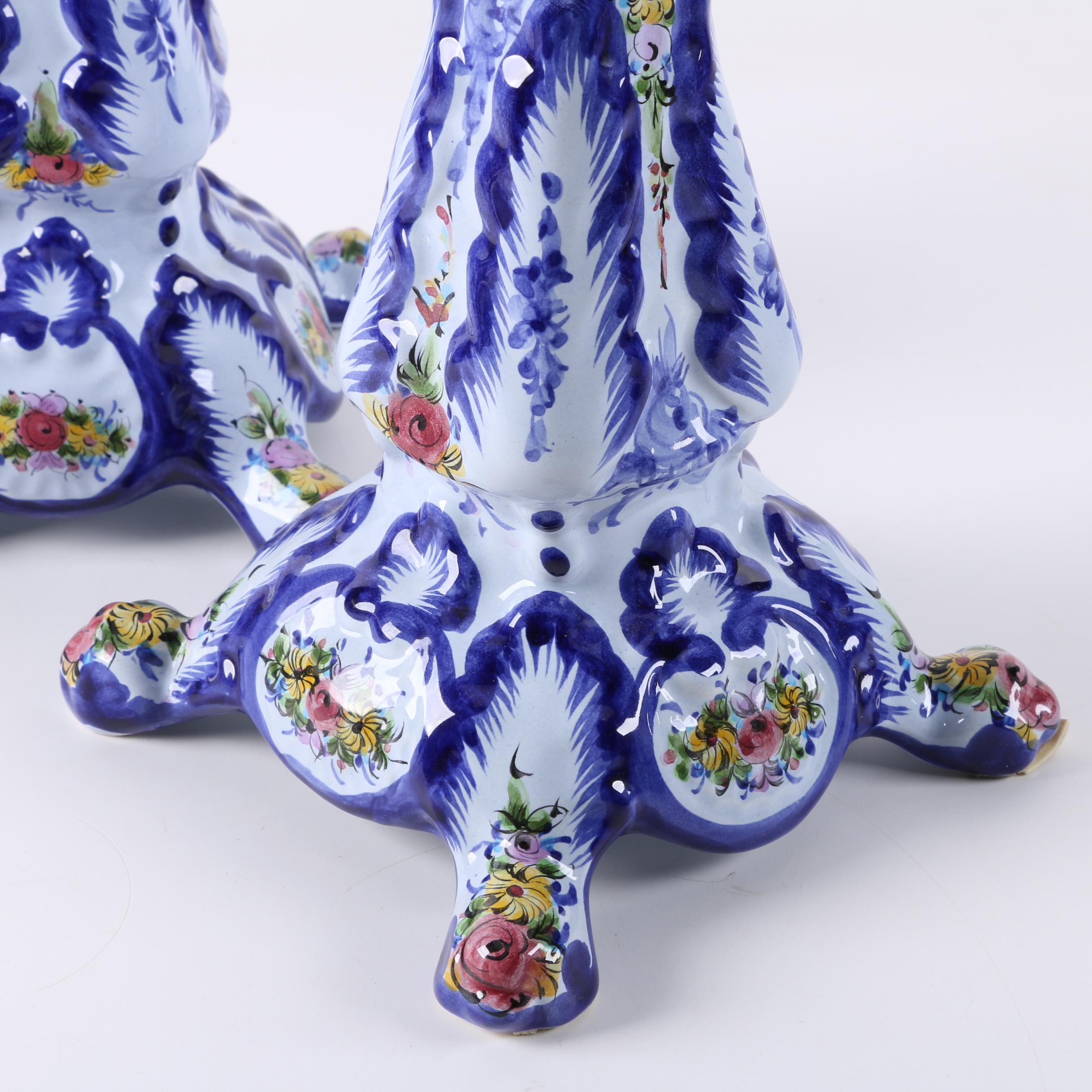 Pair of HandPainted Portuguese Ceramic Candlesticks EBTH
