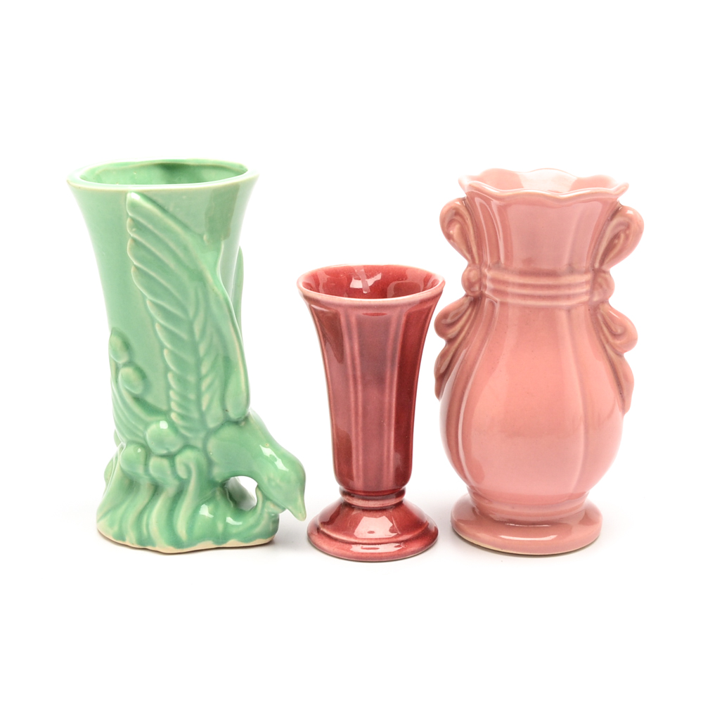 Vintage USA Ceramic Vases Including Green Bird Vase EBTH