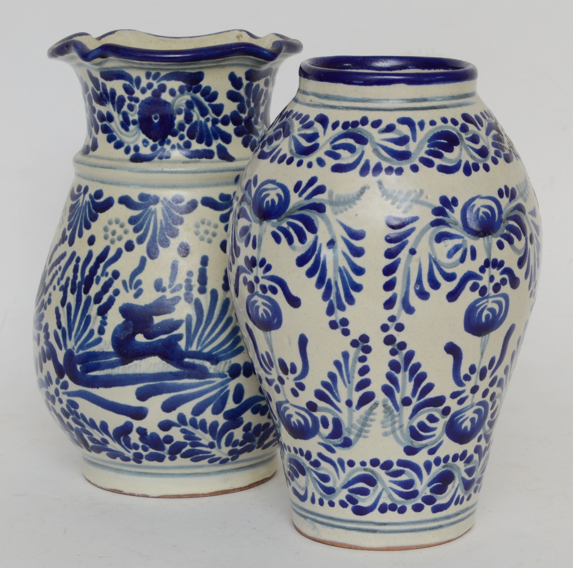 Pair of Blue and White Talavera Mexican Pottery Vases EBTH