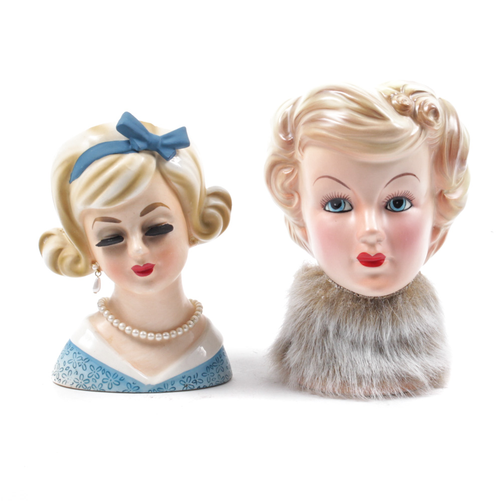 Two Mid Century Enesco Porcelain Lady Head Vases Ebth