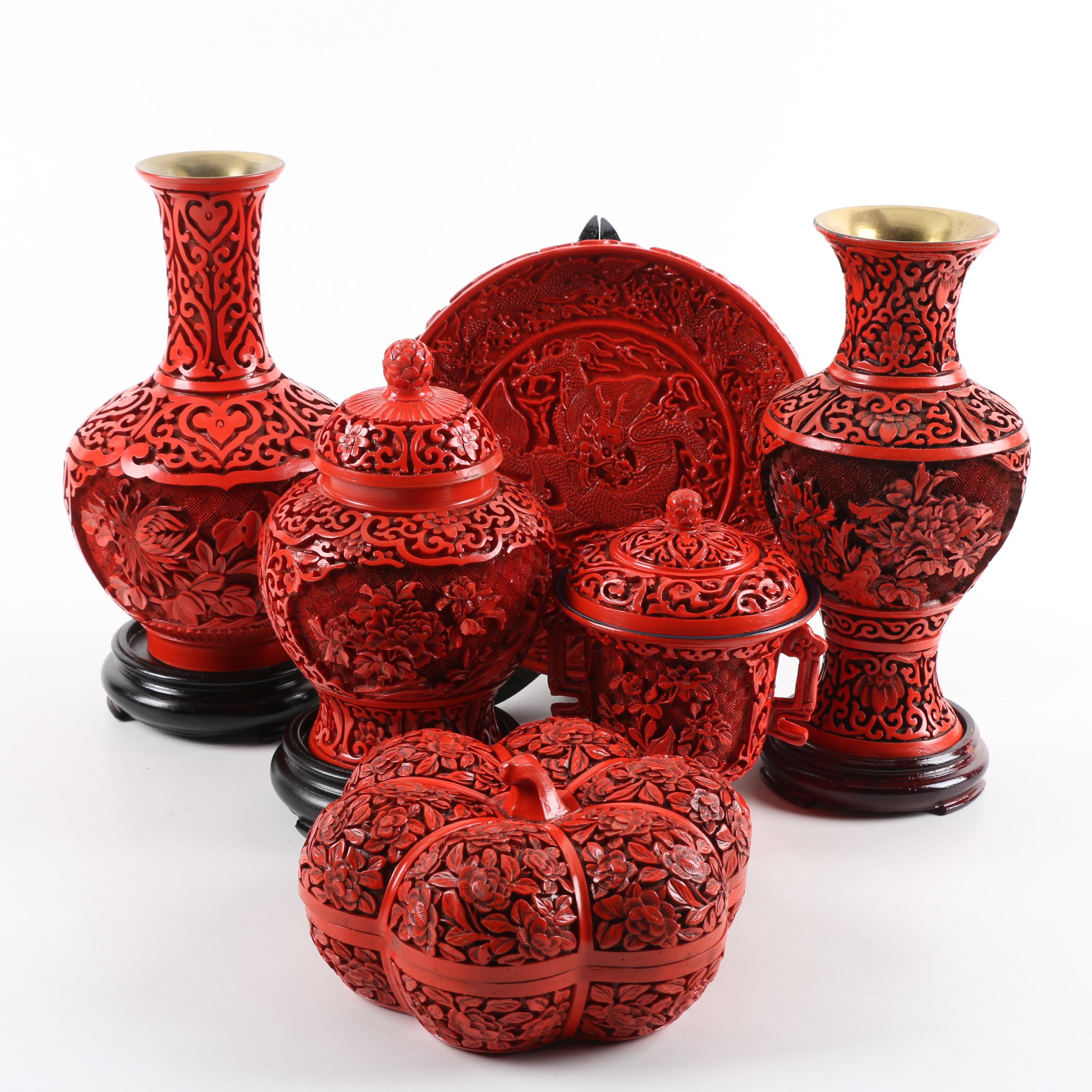Chinese Carved Cinnabar Style Resin Vases, a Trinket Box, and Plate EBTH