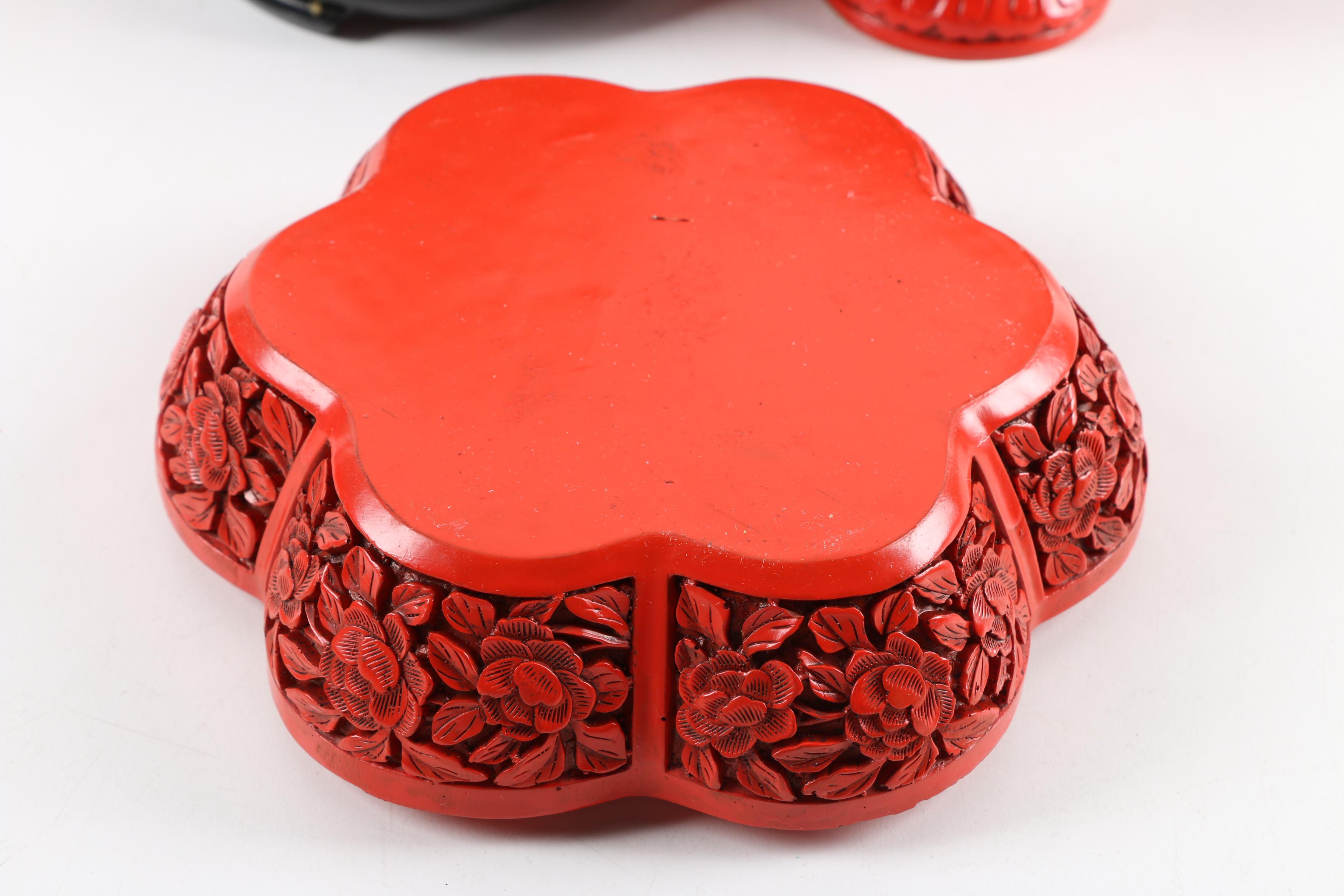 Chinese Carved Cinnabar Style Resin Vases, a Trinket Box, and Plate EBTH