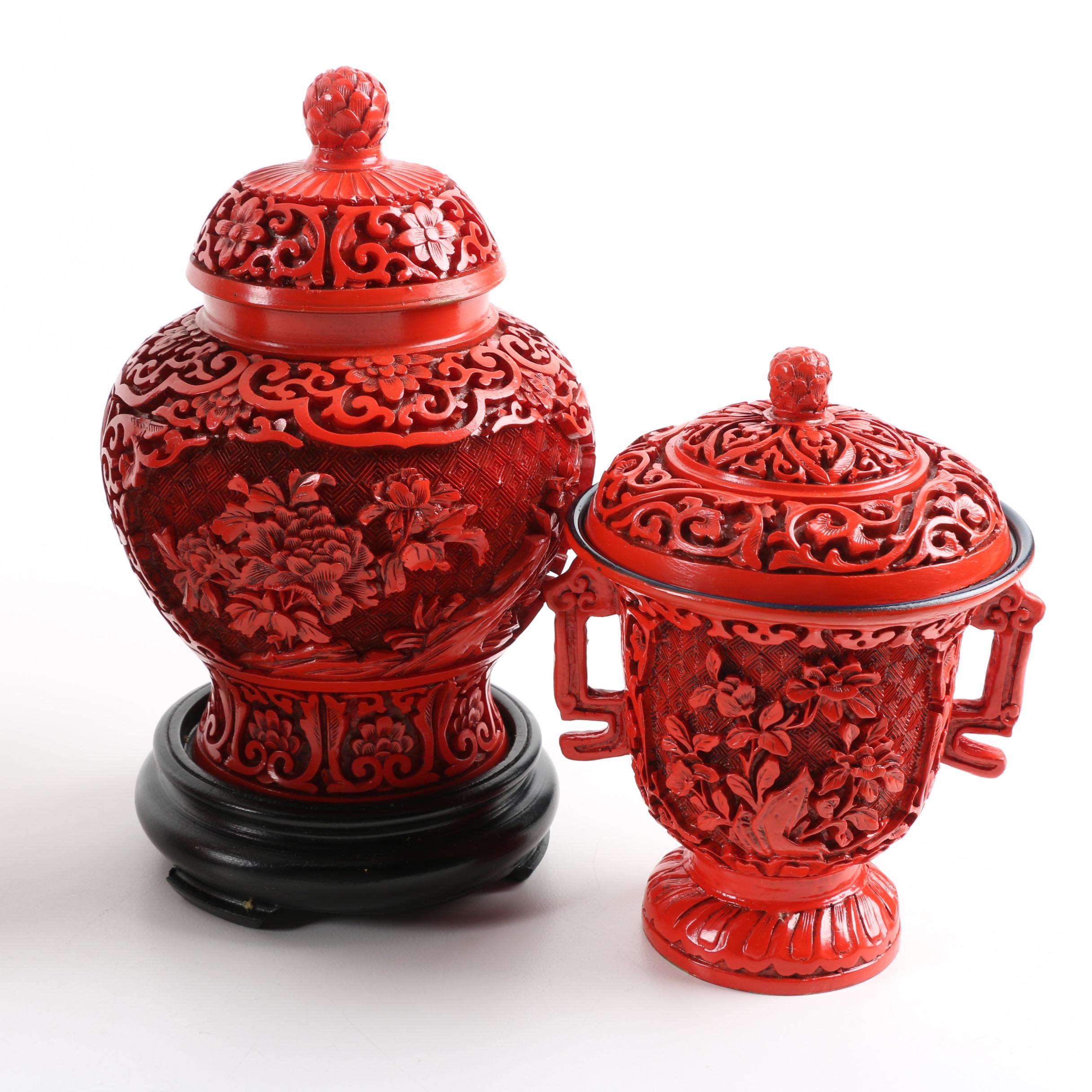 Chinese Carved Cinnabar Style Resin Vases, a Trinket Box, and Plate EBTH