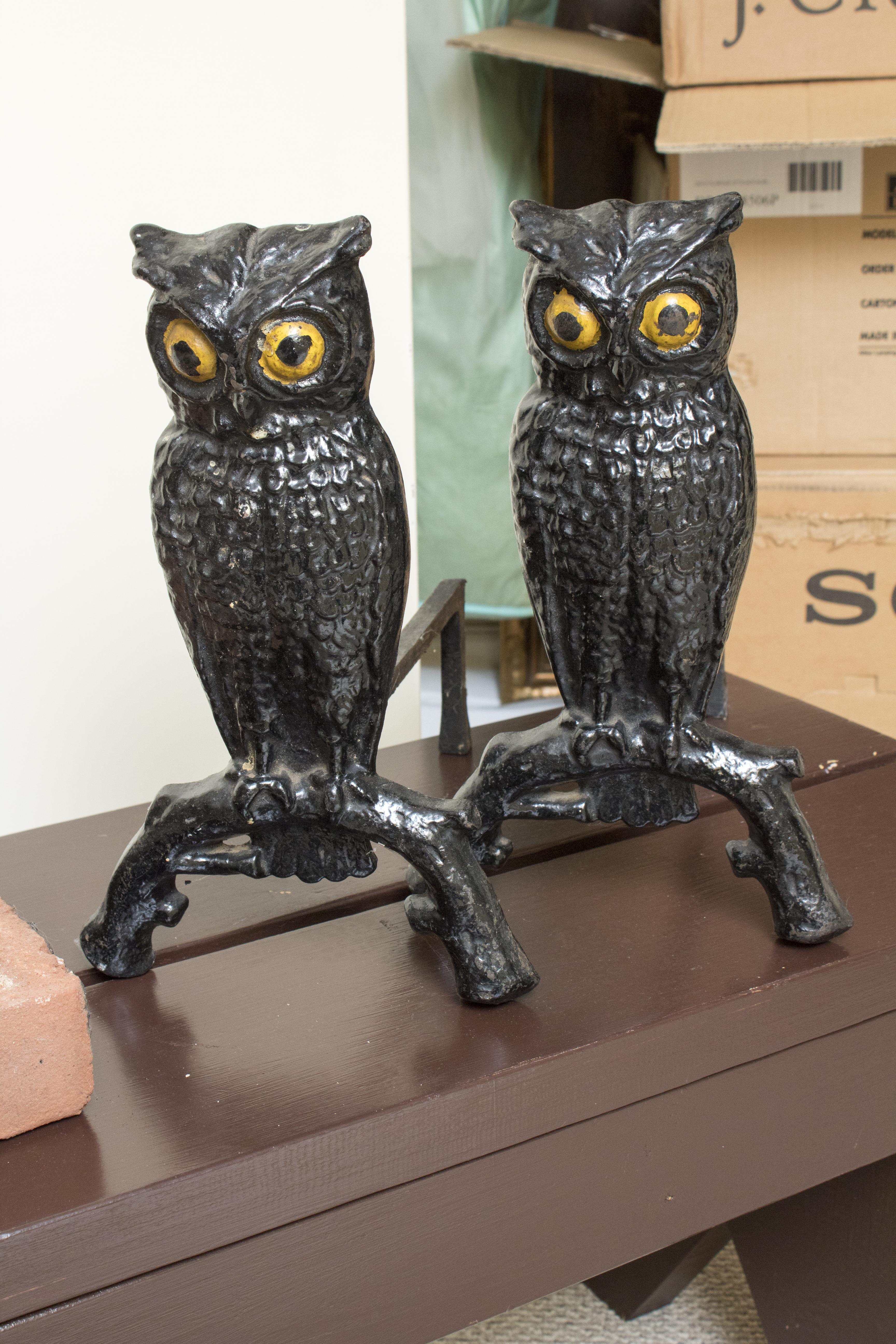 Vintage Cast Iron Owl Fireplace Andirons, Bricks and Bench EBTH