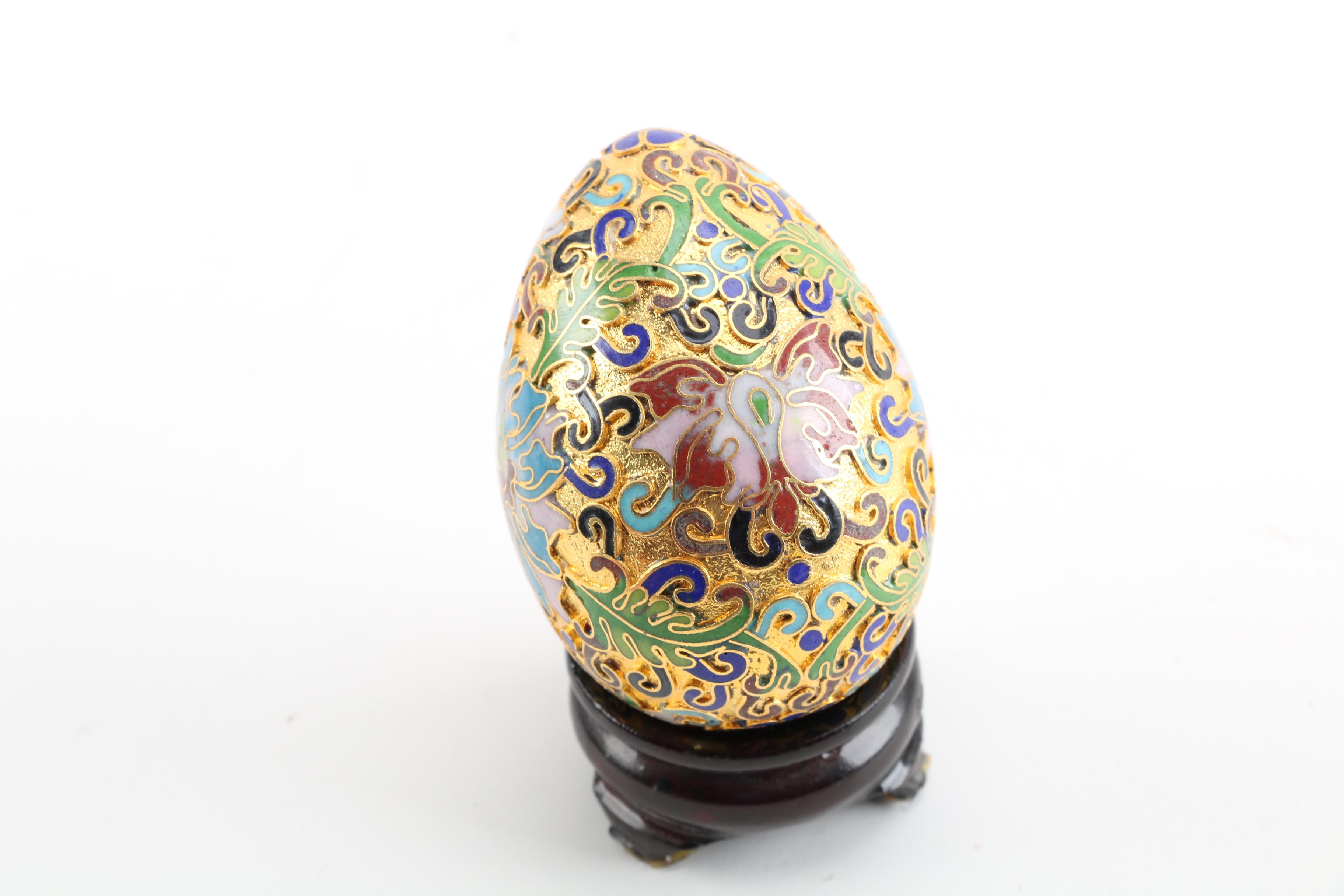 Cloisonne Egg Figurine with Carved Wood Stand EBTH