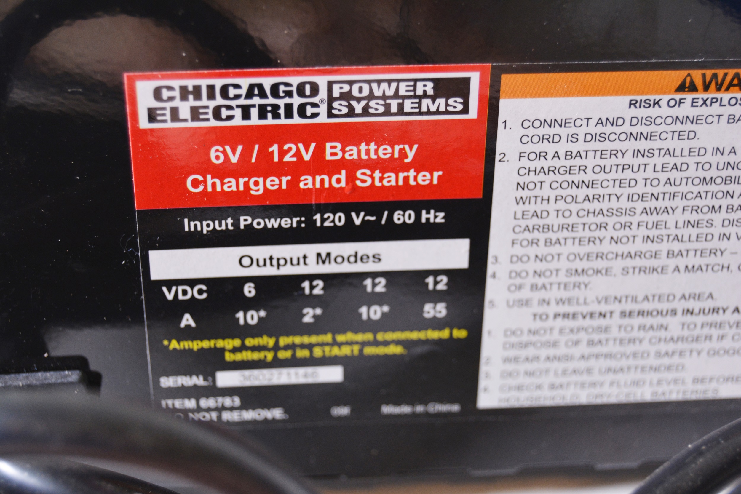 Chicago Electric Battery Charger and Engine Starter Model 66783 EBTH