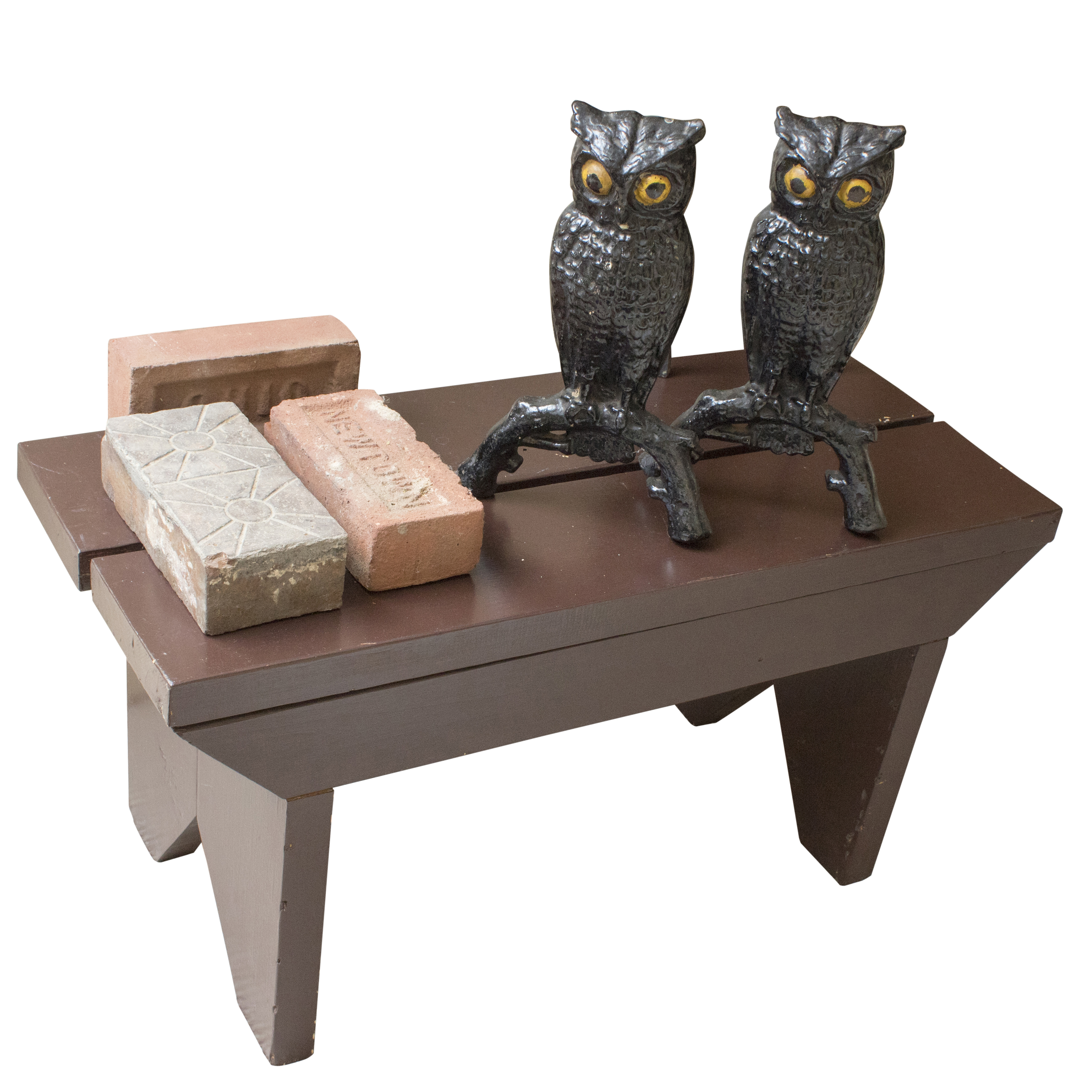 Vintage Cast Iron Owl Fireplace Andirons, Bricks and Bench EBTH