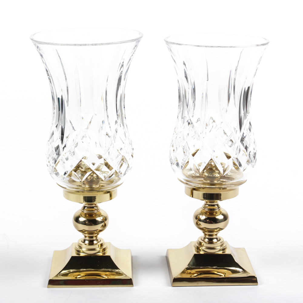 Waterford Crystal "Lismore" Hurricane Candlesticks with Brass Bases EBTH