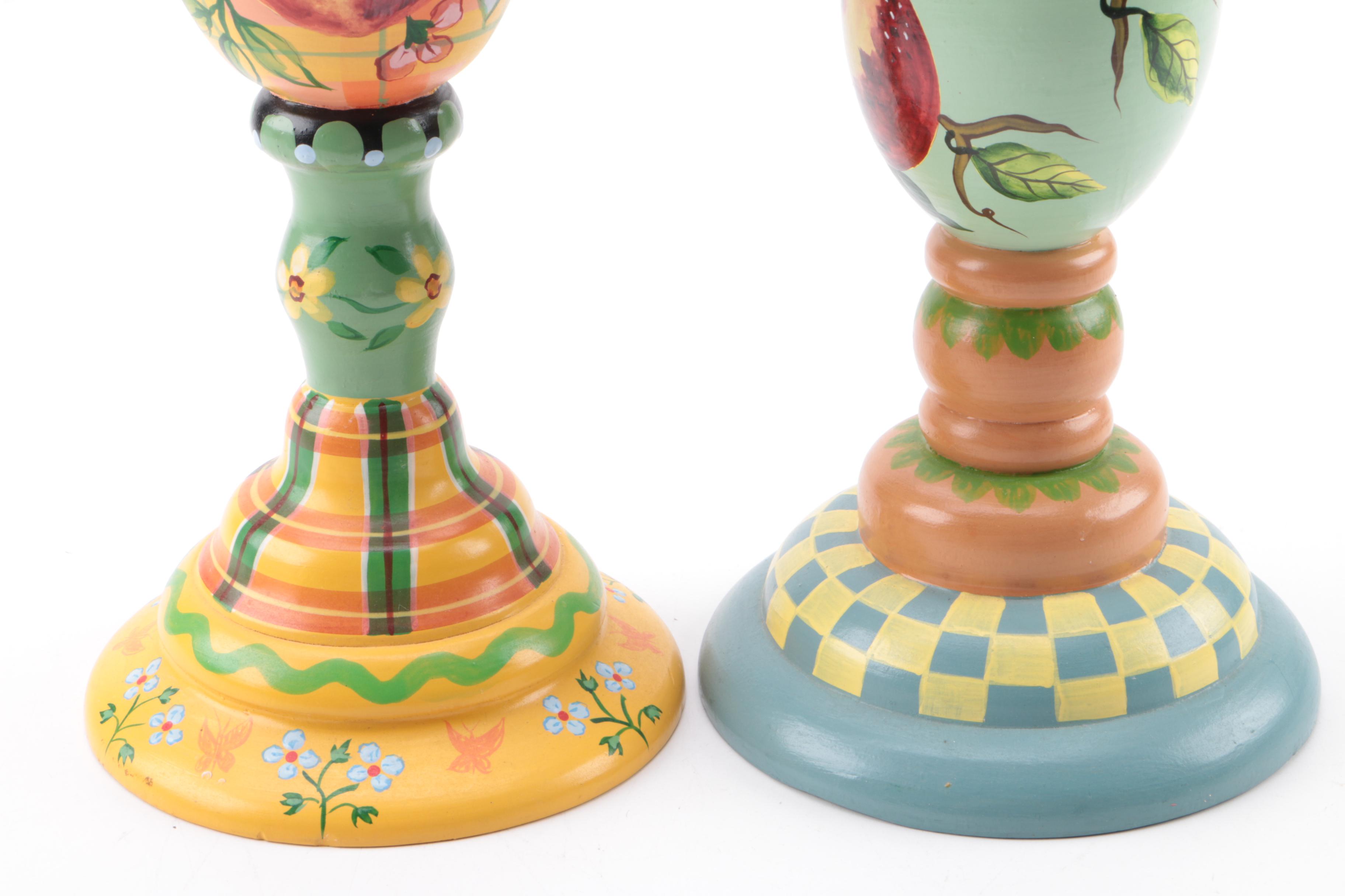 Tracy H.S. Porter HandPainted Turned Wood Candlestick Holders EBTH